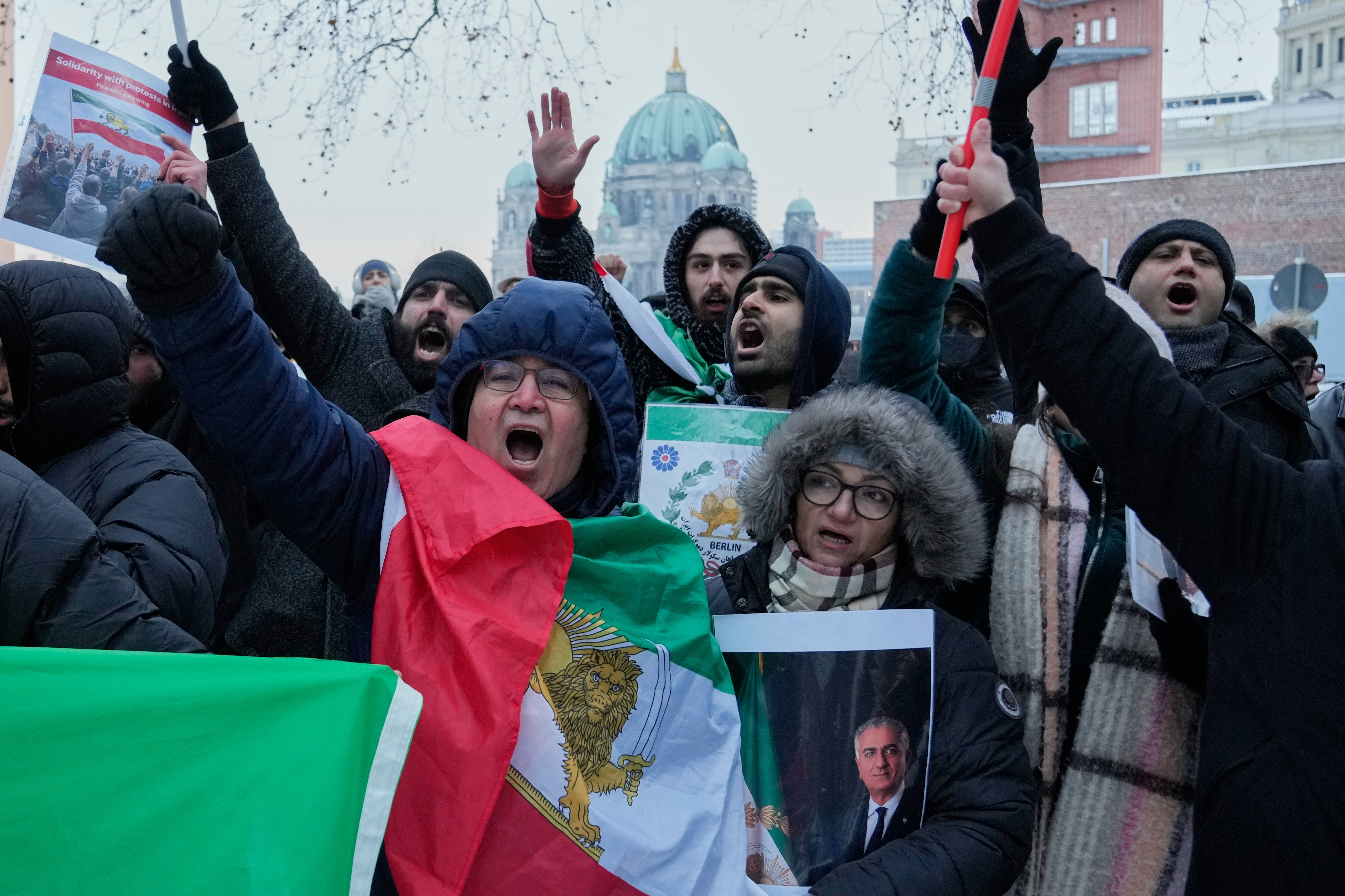 Protesters participate in a demonstration in Berlin, Germany, in support of the nationwide mass protests in Iran against the government.