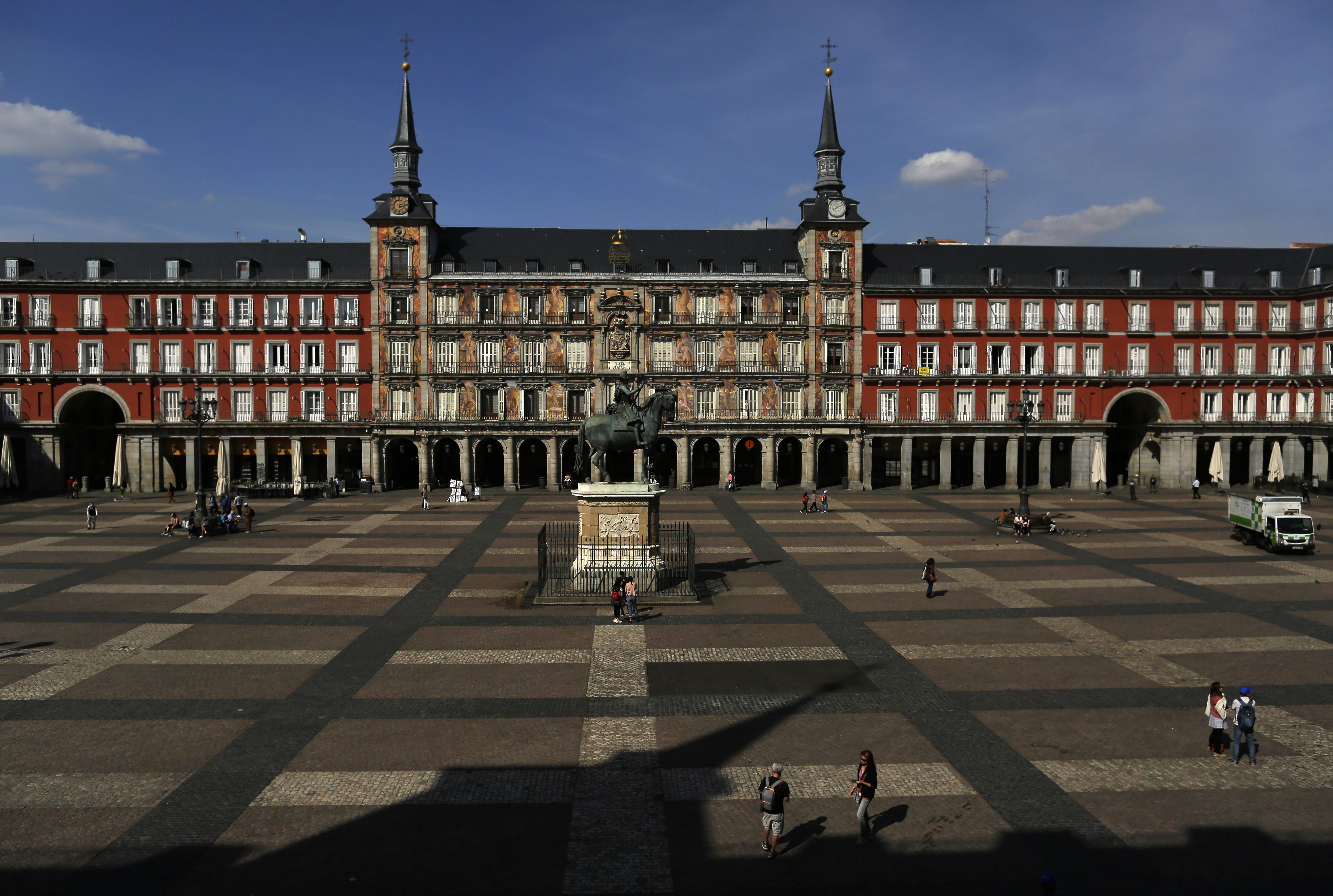 A general view of a deserted Mayor square in central Madrid, Spain after the country went into lockdown.