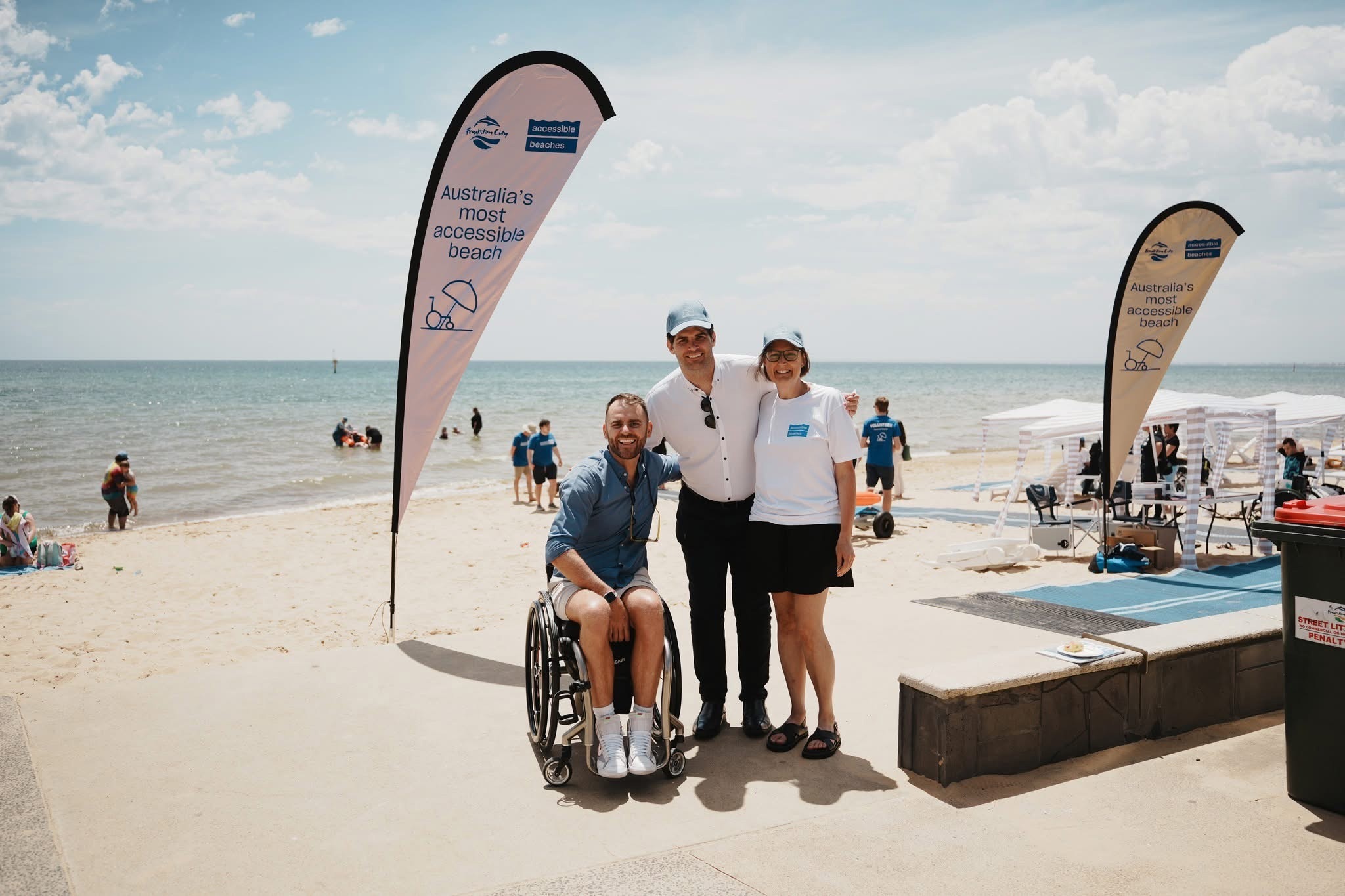 Accessible Beaches Australia founder Shane Hryhorec (left) with former Frankston City Council mayor Kris Bolam and Accessible Beaches Australia's Bern Walker.