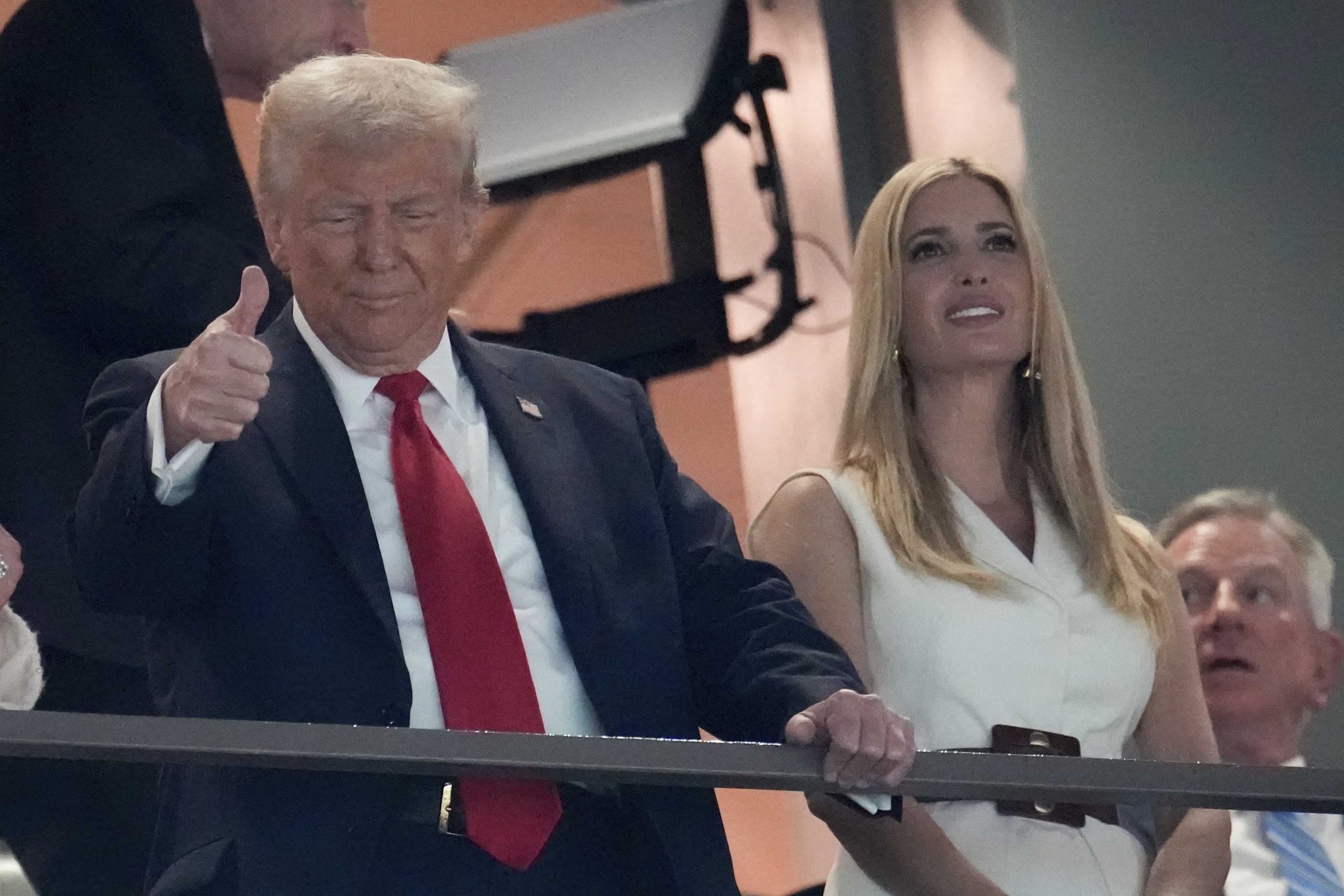 President Donald Trump stands with his daughter Ivanka Trump before the NFL Super Bowl 59 football game between the Kansas City Chiefs and the Philadelphia Eagles, Sunday, Feb. 9, 2025, in New Orleans.