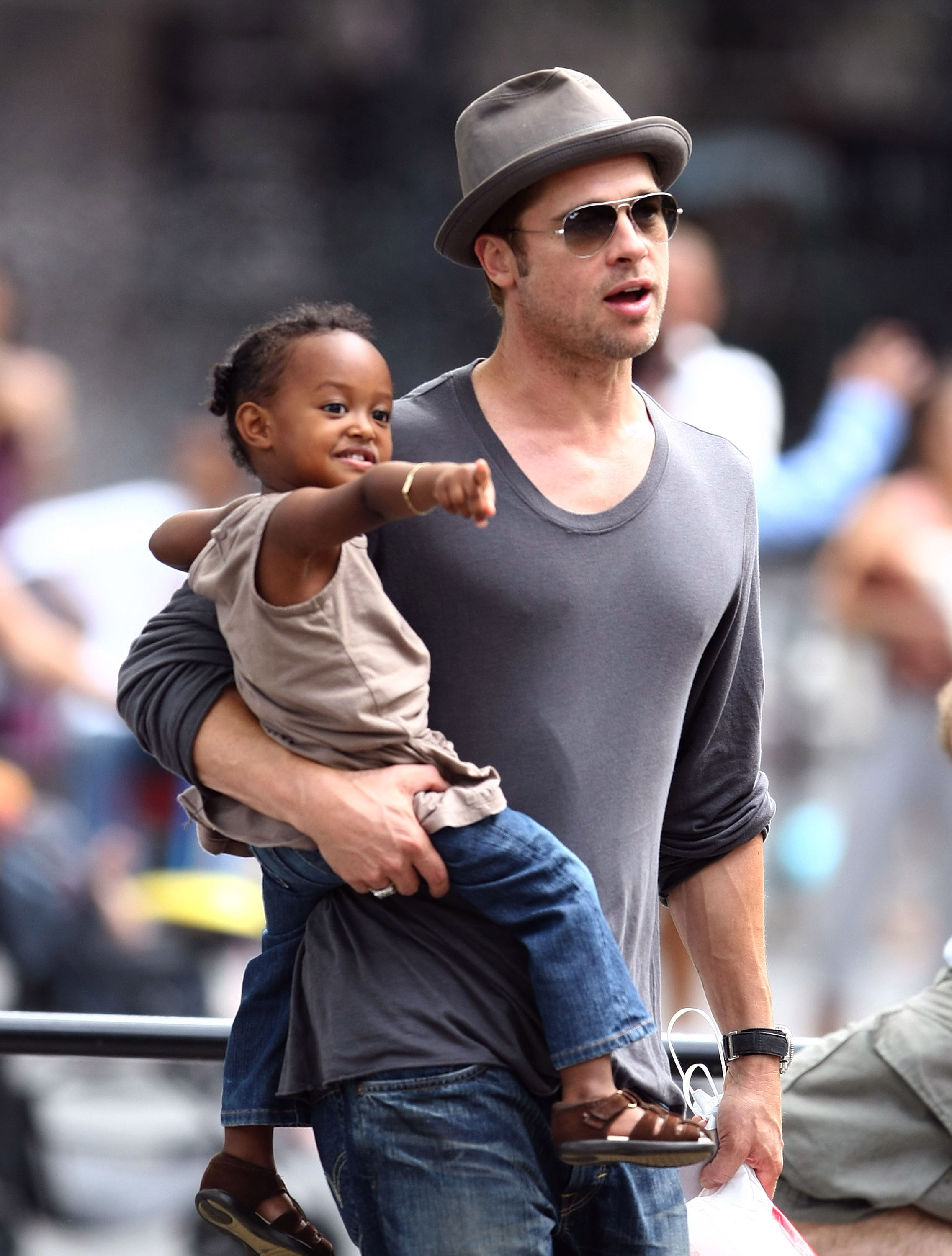 Brad Pitt with Zahara Jolie-Pitt in New York City in August 2007.  
