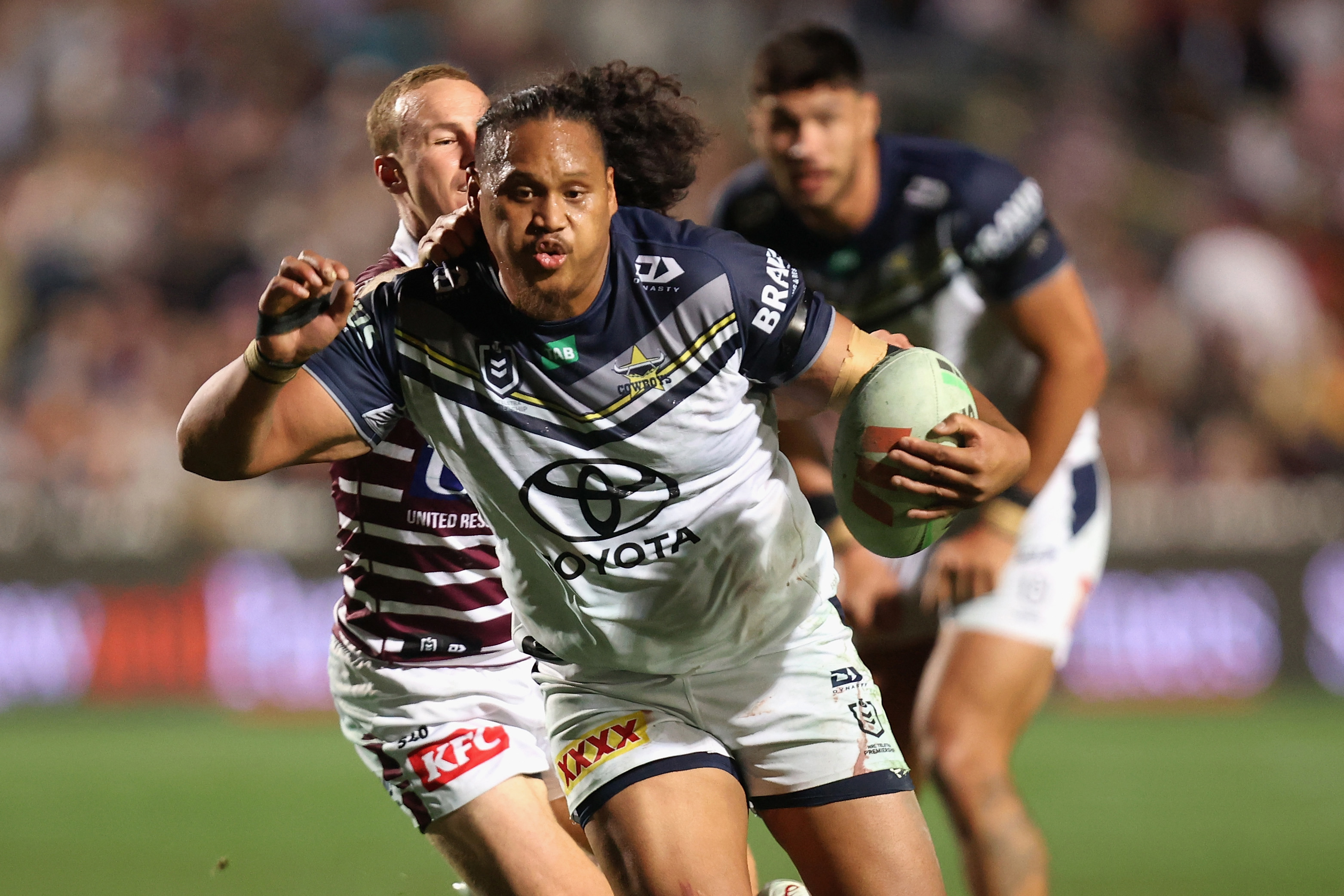 Luciano Leilua of the North Queensland Cowboys runs with the ball during the round 20  NRL match between Manly Sea Eagles and North Queensland Cowboys at 4 Pines Park on July 15, 2023 in Sydney, Australia. (Photo by Tim Allsop/Getty Images)