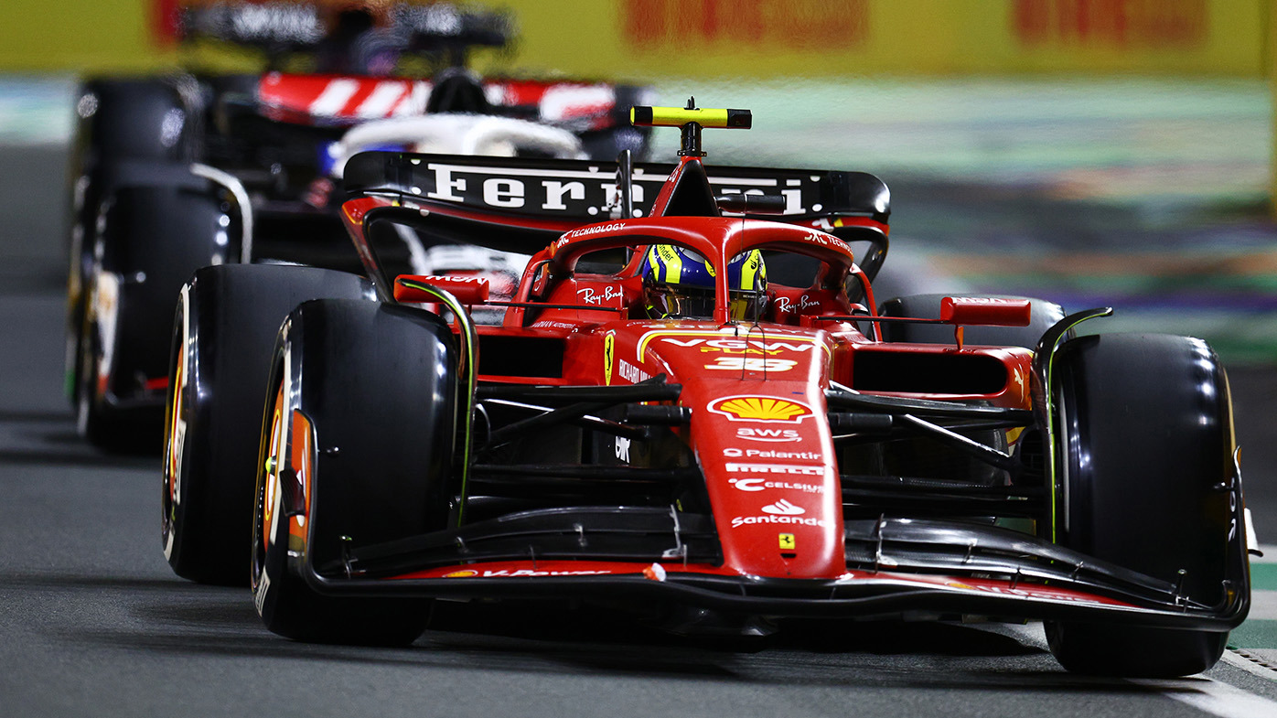 Oliver Bearman of Great Britain driving the (38) Ferrari SF-24 on track during the F1 Grand Prix of Saudi Arabia at Jeddah Corniche Circuit on March 09, 2024 in Jeddah, Saudi Arabia. (Photo by Clive Rose/Getty Images)
