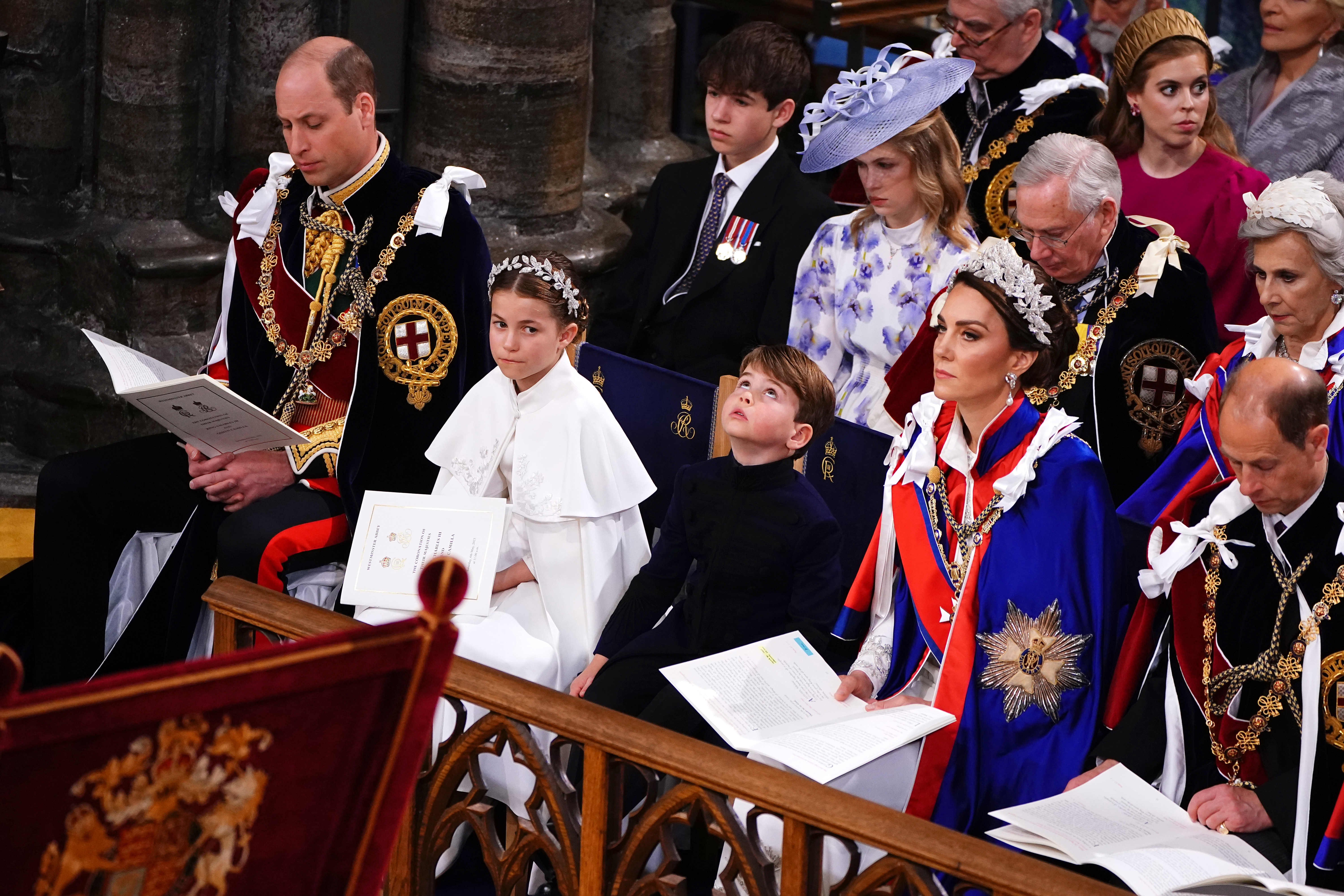 LONDON, ENGLAND - MAY 06: (Bottom L to R) Britain's Prince William, Prince of Wales, Princess Charlotte, Prince Louis, Britain's Catherine, Princess of Wales, Prince Edward, Duke of Edinburgh. (Top L to R) James, Earl of Wessex, Lady Louise Windsor, Prince Richard, Duke of Gloucester and Birgitte, Duchess of Gloucester attend the Coronation of King Charles III and Queen Camilla at Westminster Abbey on May 6, 2023 in London, England. The Coronation of Charles III and his wife, Camilla, as King an