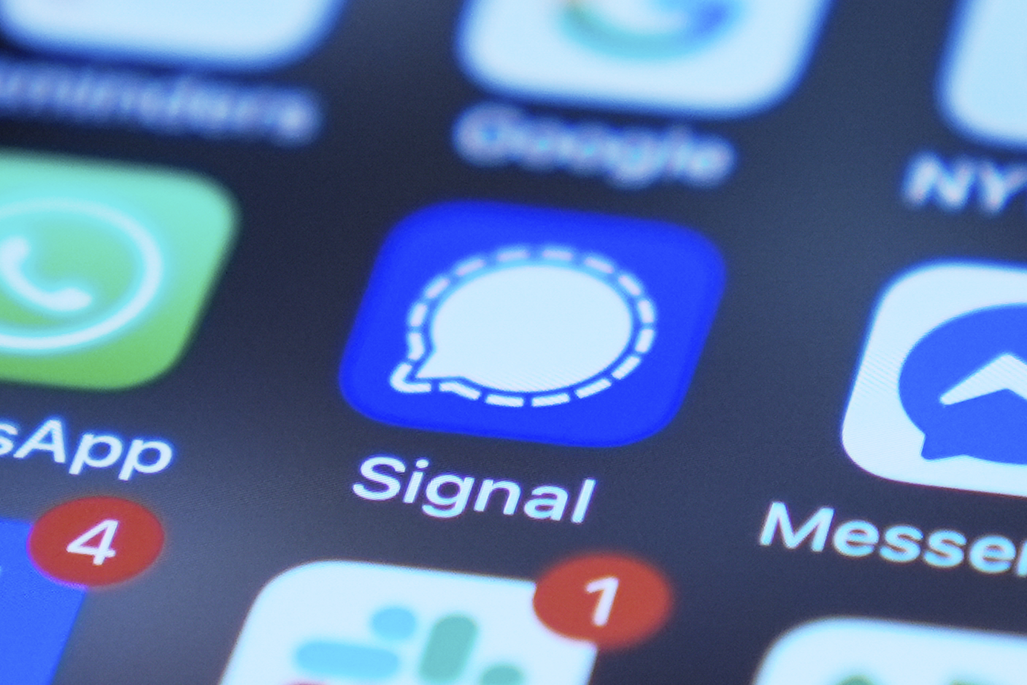 Signal app on a smartphone is seen on a mobile device screen Tuesday, March 25, 2025, in Chicago. (AP Photo/Kiichiro Sato)