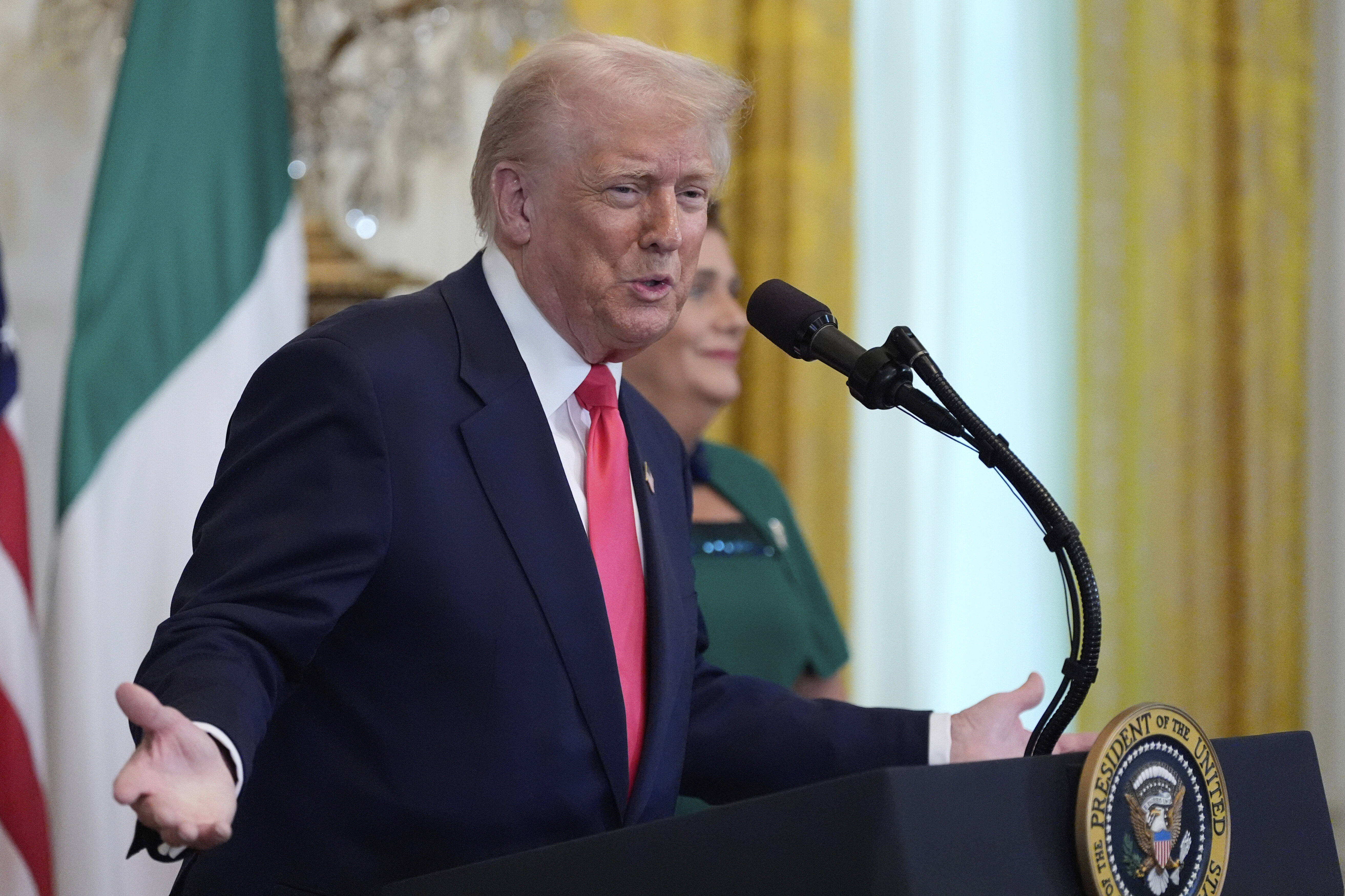 President Donald Trump speaks during an event with Ireland's Prime Minister Micheál Martin in the East Room of the White House in Washington, Wednesday, March 12, 2025. (AP Photo/Alex Brandon)