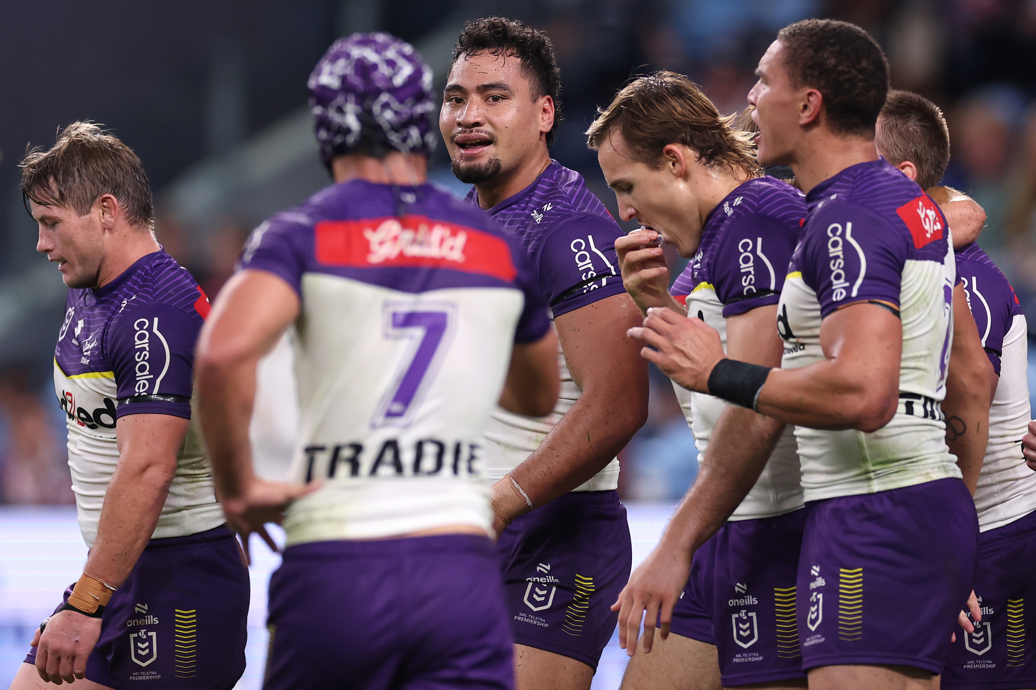 Eliesa Katoa celebrates with teammates after scoring a try during the round seven NRL match between the Sydney Roosters and the Melbourne Storm.
