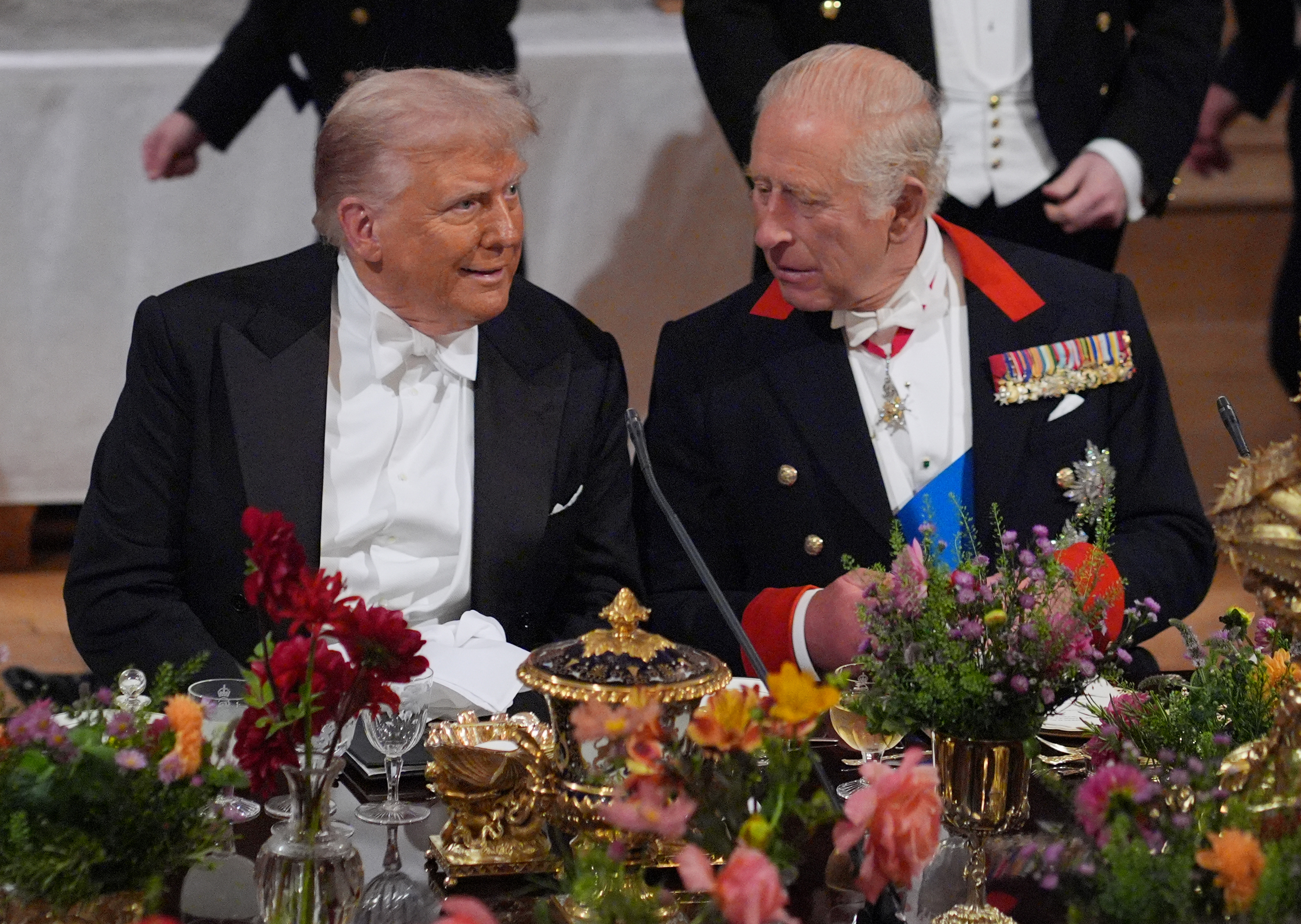 WINDSOR, ENGLAND - SEPTEMBER 17: US President Donald Trump and King Charles III during a State Banquet at Windsor Castle for the State visit by the President of the United States of America on September 17, 2025 in Windsor, England. President Trump is in England from Sept. 16-18 on his second UK state visit, with the previous one taking place in 2019 during his first presidential term. (Photo by Yui Mok - WPA Pool/Getty Images)