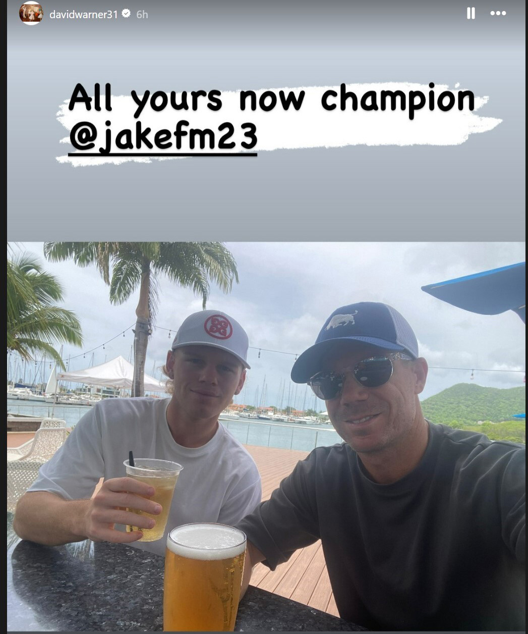 David Warner posted this selfie with Jake Fraser-McGurk after Australia was bundled out of the T20 World Cup.