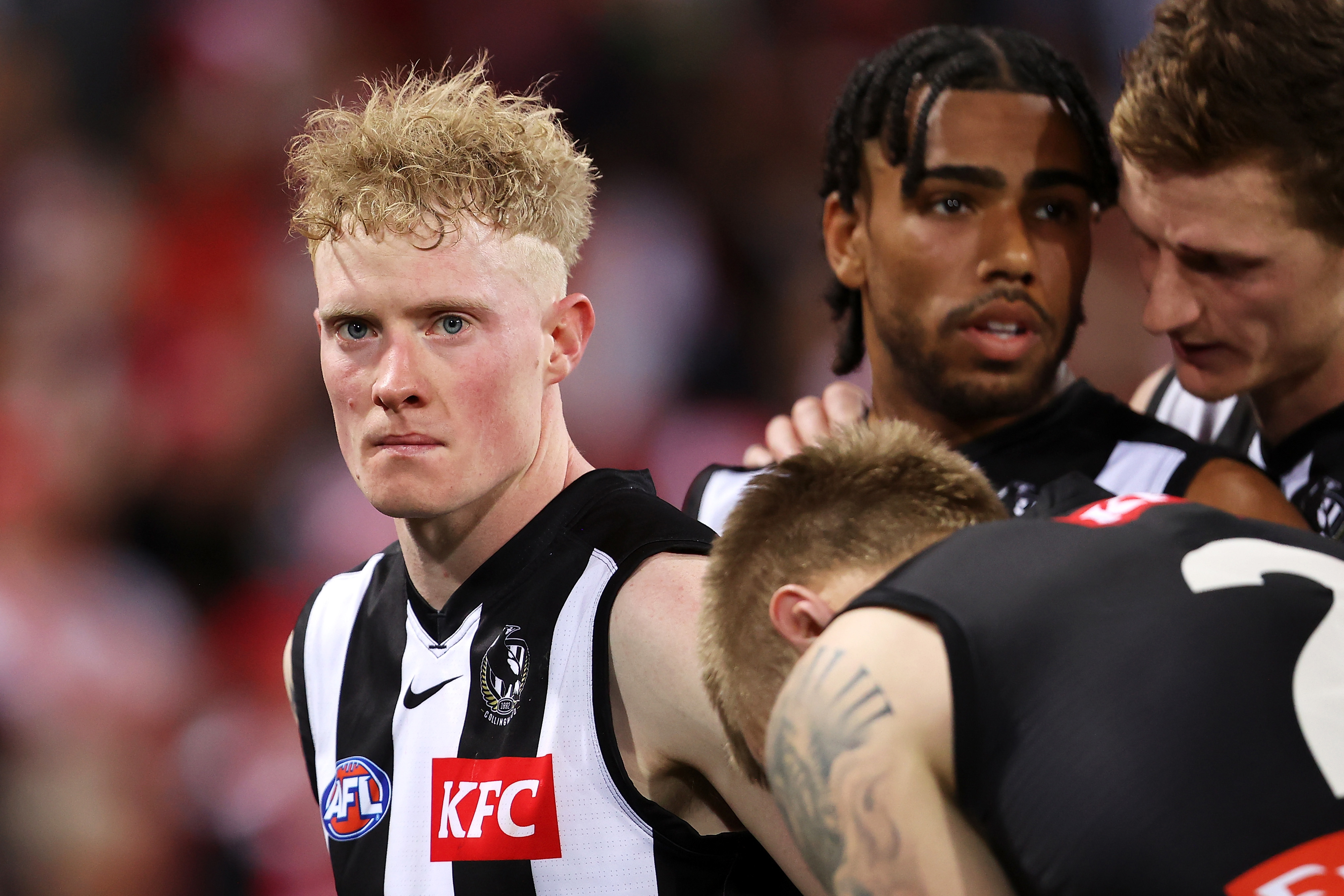 SYDNEY, AUSTRALIA - SEPTEMBER 17: John Noble of the Magpies looks dejected after defeat during the AFL Second Preliminary match between the Sydney Swans and the Collingwood Magpies at Sydney Cricket Ground on September 17, 2022 in Sydney, Australia. (Photo by Mark Kolbe/AFL Photos/via Getty Images)