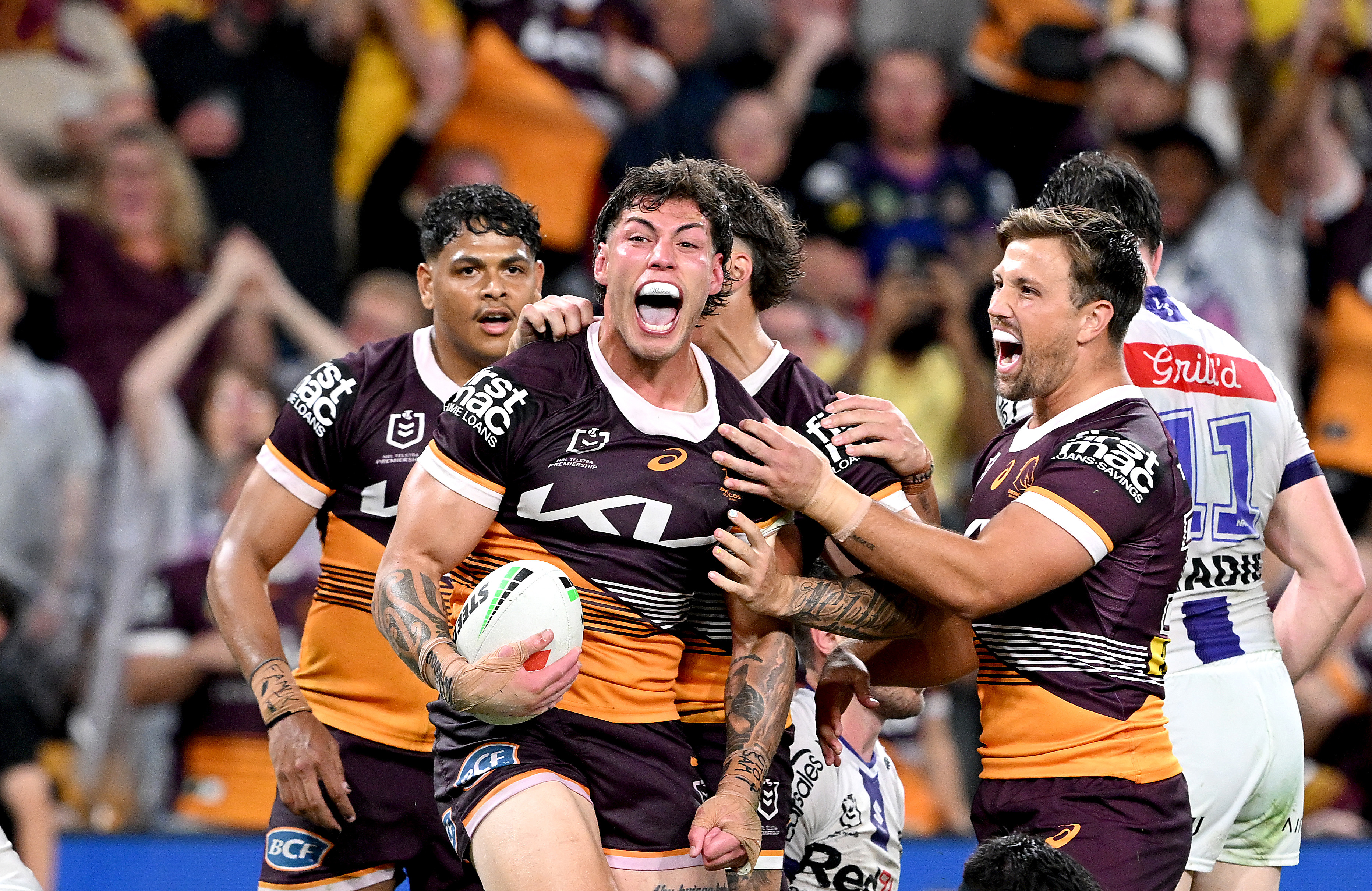 BRISBANE, AUSTRALIA - SEPTEMBER 08: Jordan Riki of the Broncos celebrates after scoring a try during the NRL Qualifying Final match between the Brisbane Broncos and Melbourne Storm at Suncorp Stadium on September 08, 2023 in Brisbane, Australia. (Photo by Bradley Kanaris/Getty Images)