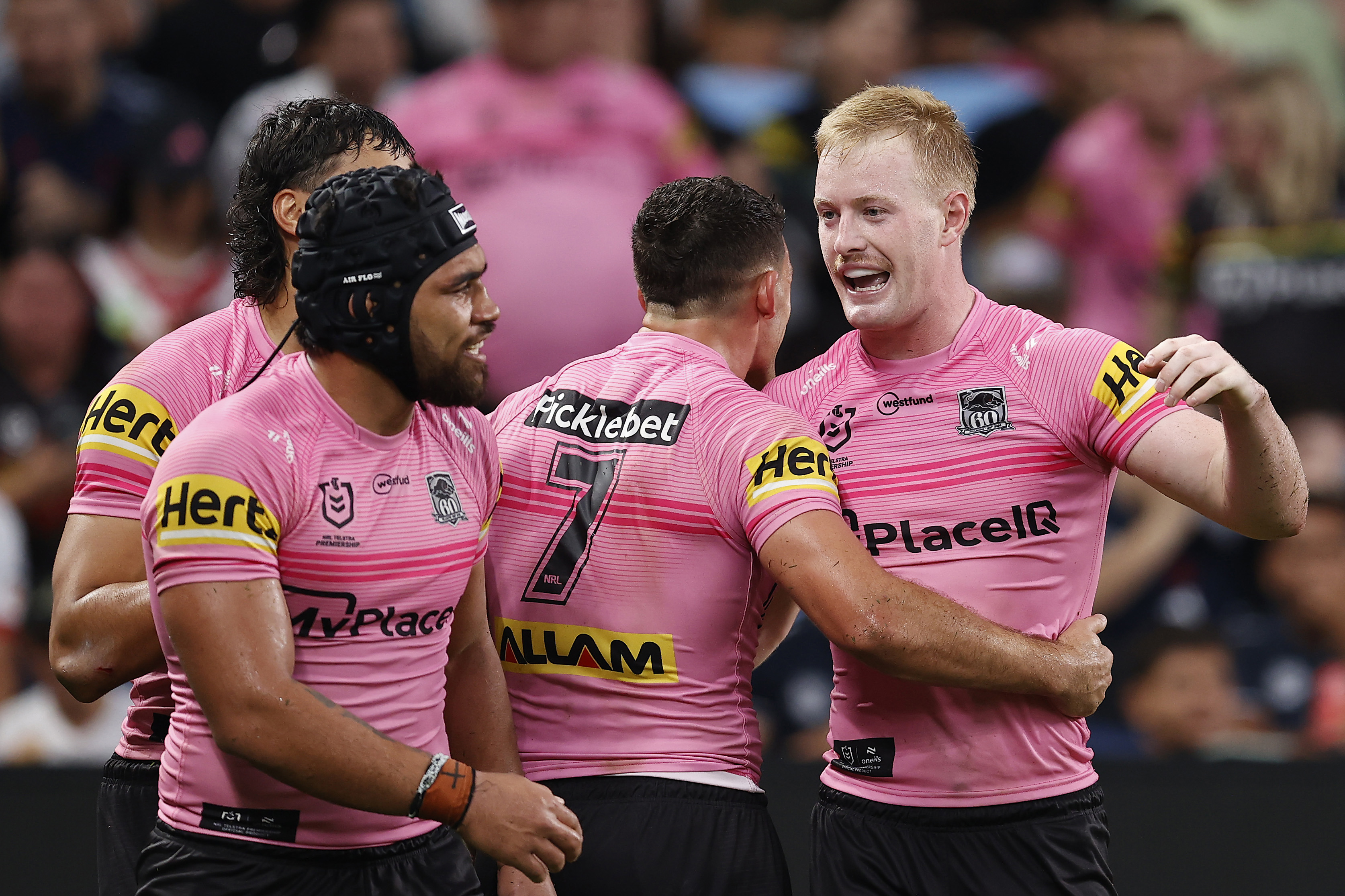 SYDNEY, AUSTRALIA - MARCH 20: Thomas Jenkins of the Panthers celebrates with team mates after scoring a try during the round three NRL match between the Sydney Roosters and Penrith Panthers at Allianz Stadium on March 20, 2026 in Sydney, Australia. (Photo by Brendon Thorne/Getty Images)