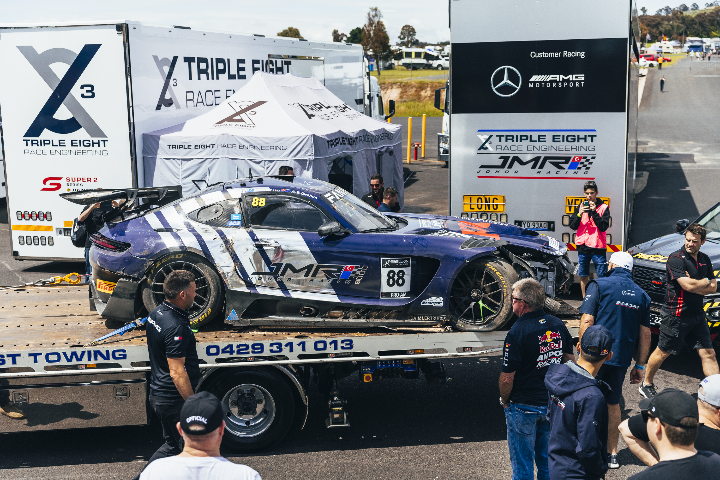 Triple Eight evaluates the wreckage of their Mercedes-AMG GT3.