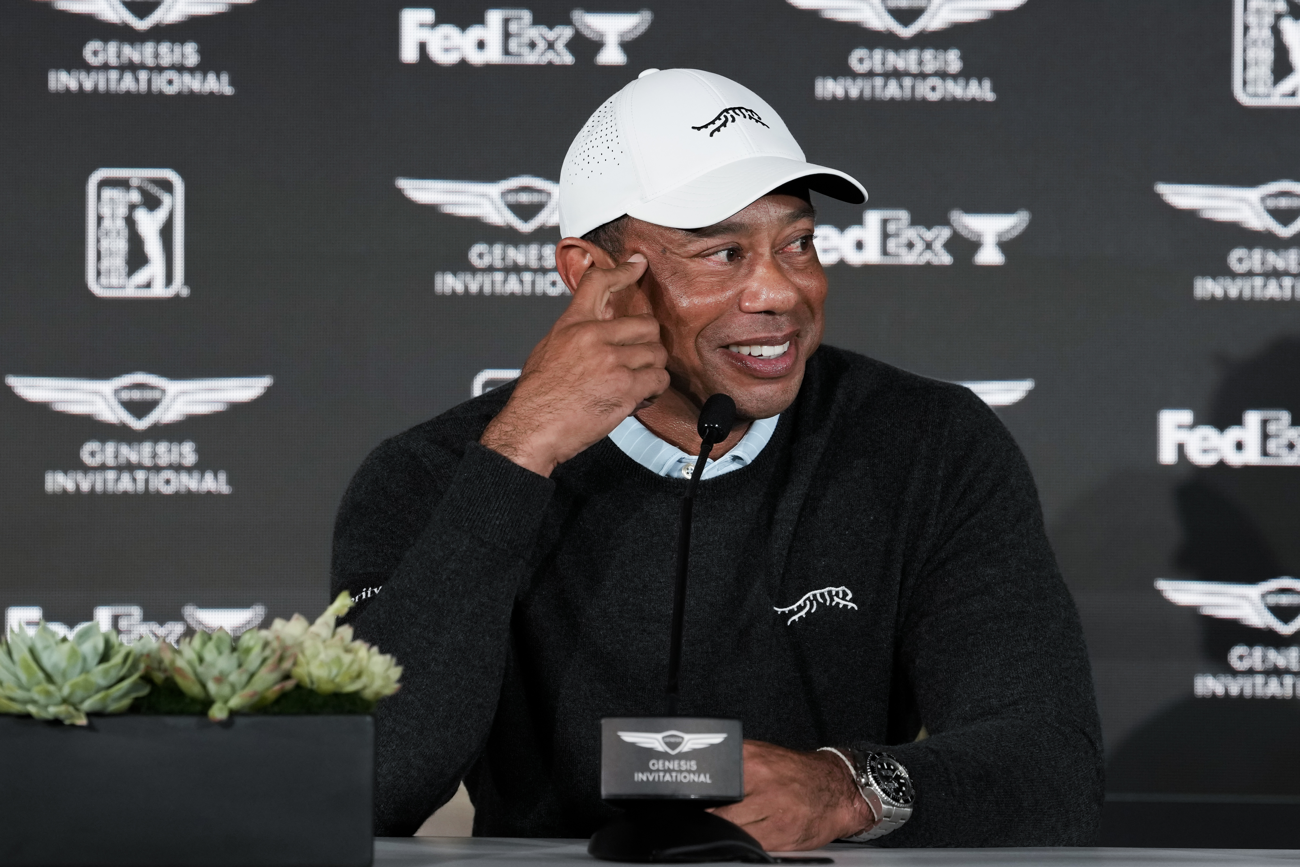 Tiger Woods answers questions with the media prior to the The Genesis Invitational at The Riviera Country Club on February 17, 2026 in Pacific Palisades, California. (Photo by Tracy Wilcox/PGA TOUR via Getty Images)
