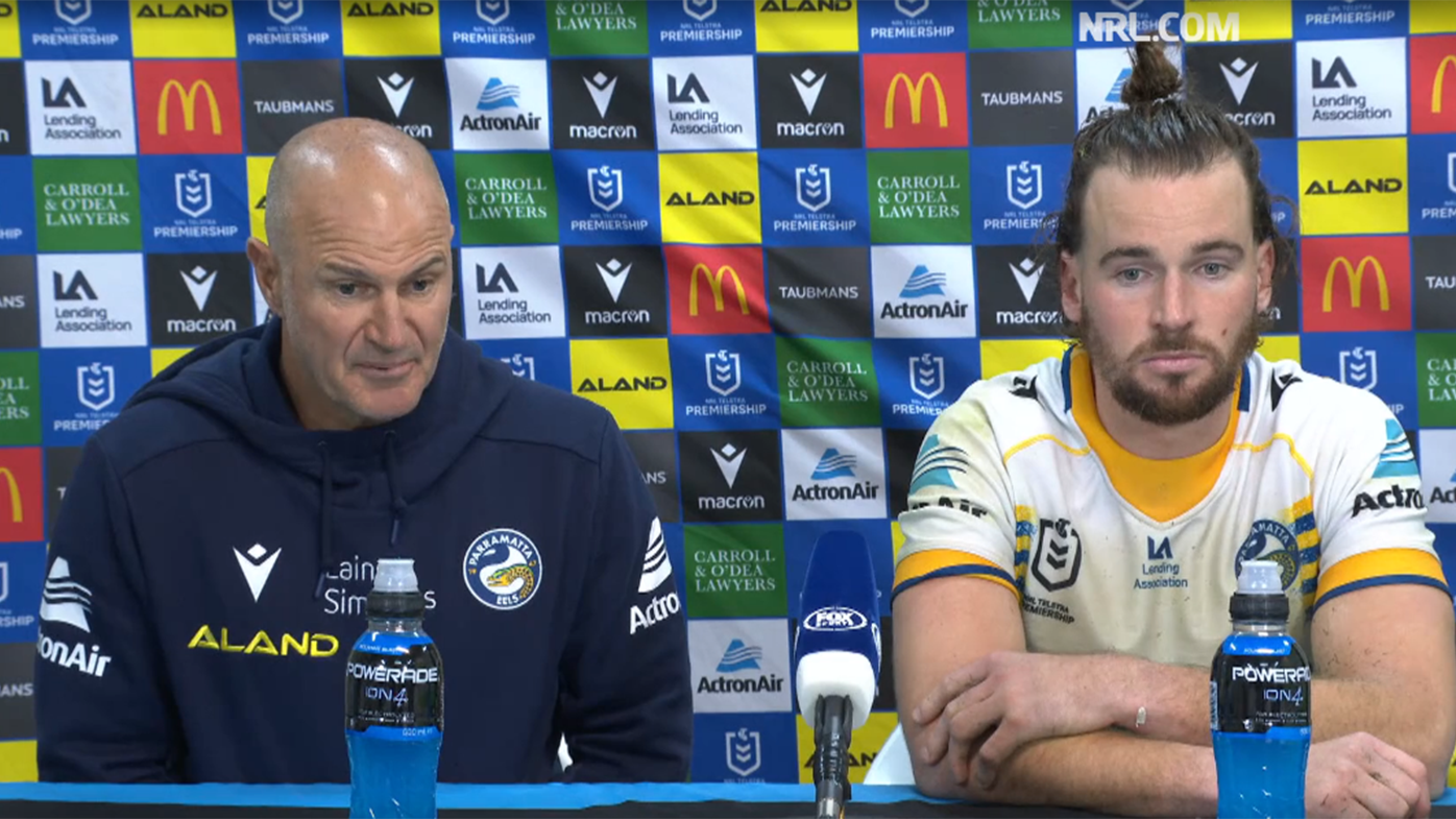 Brad Arthur and Cam Gutherson front the media after the Parramatta Eels' round 11 loss to the Canberra Raiders.