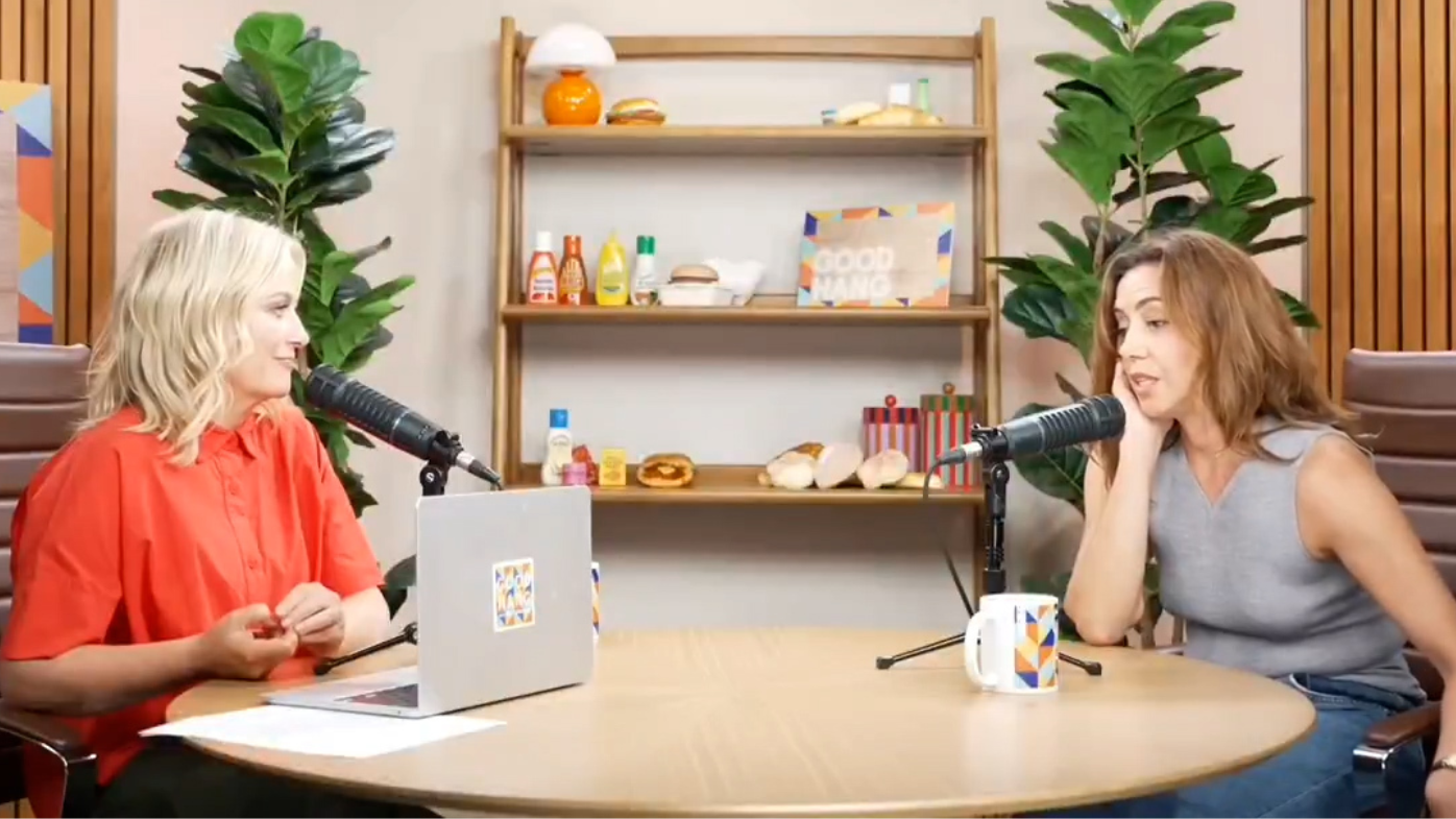 Aubrey Plaza with friend Amy Poehler on her Good Hang podcast.