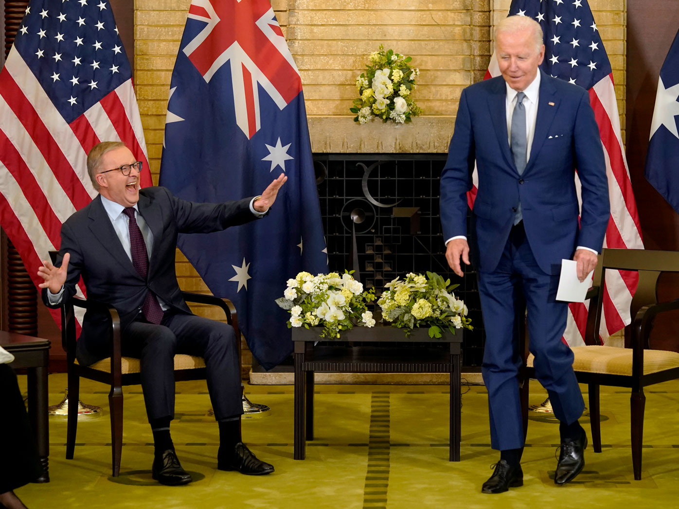 Albanese bursts into laughter as President Biden pretends to walk out of a meeting with Australia's 31st prime minister.