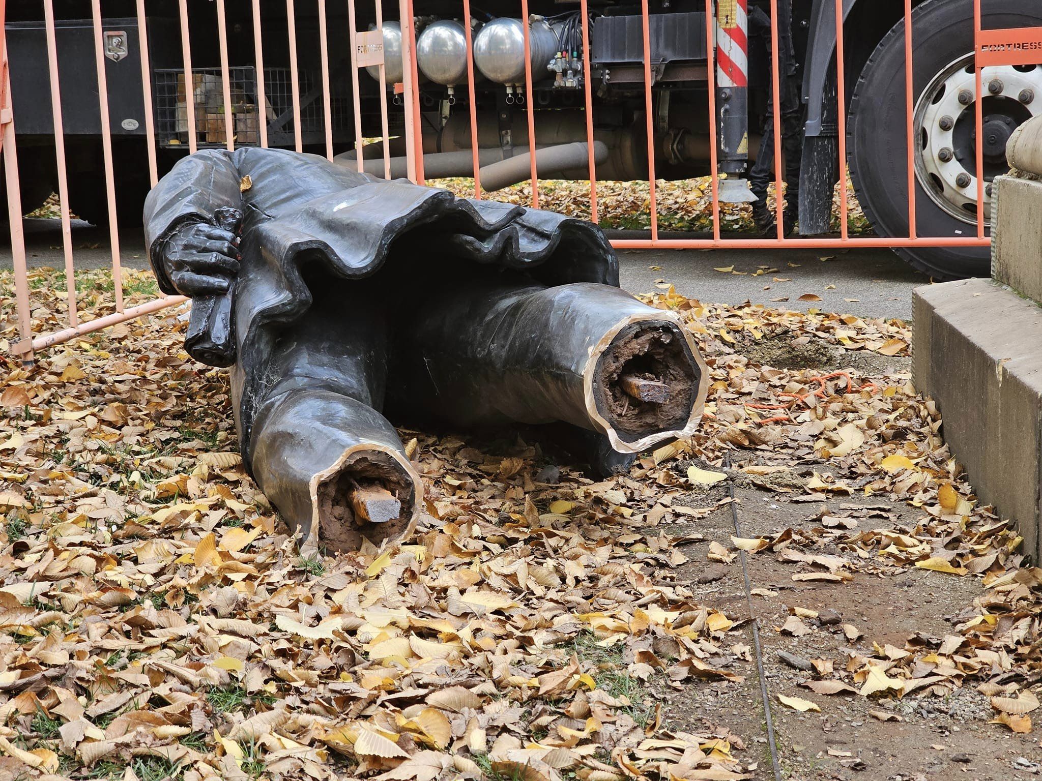 The statue of William Crowther in Hobart's Franklin Square has been cut down. 