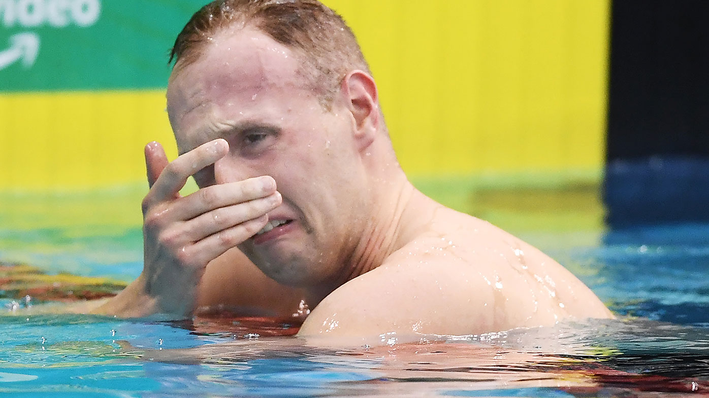 A distraught Matthew Wilson after just missing out on qualifying in the Men's 200 metre Breaststroke during the Australian National Olympic Swimming Trials in Adelaide.