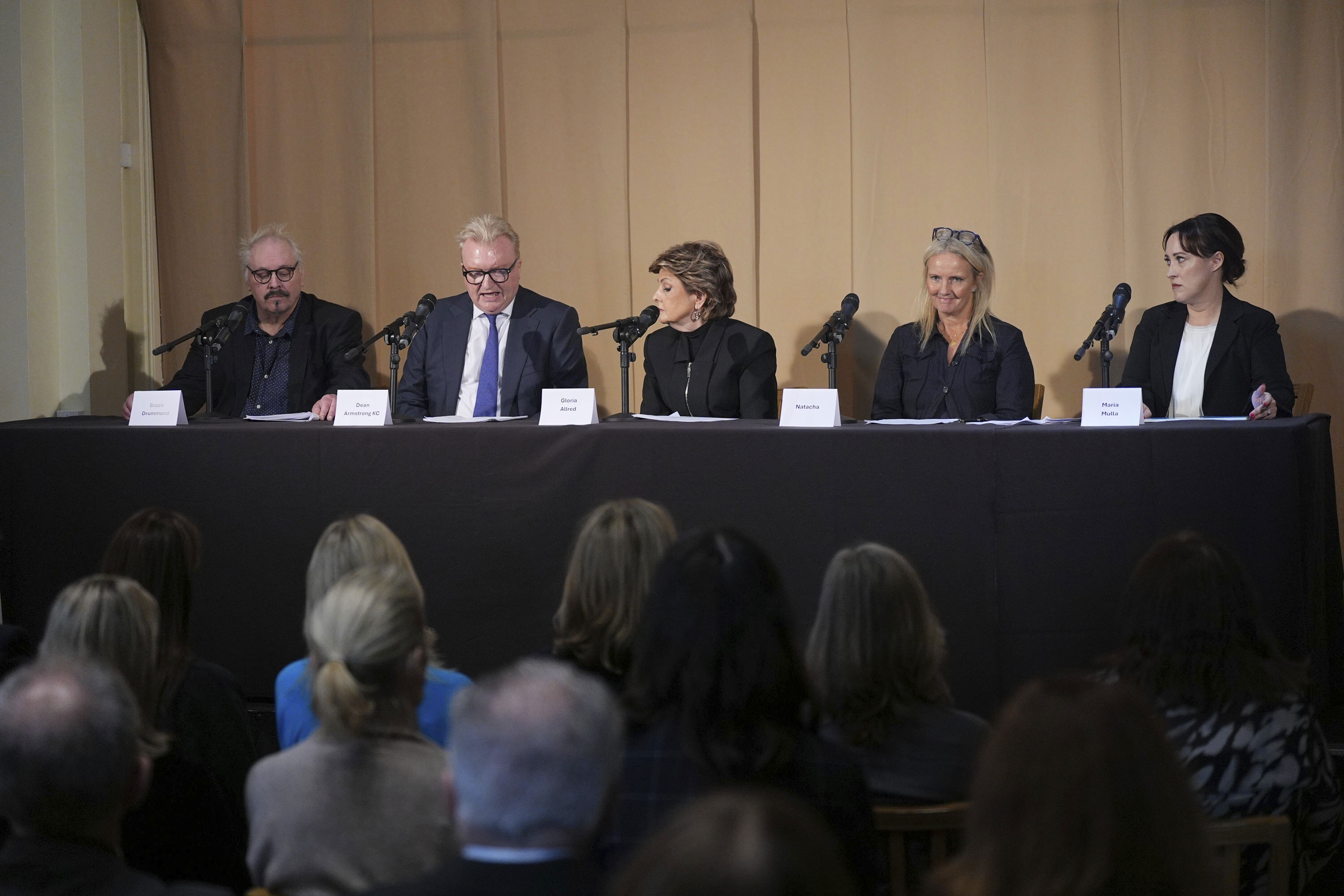 L-R: Bruce Drummond, Dean Armstrong KC, attorney Gloria Allred, Natacha and barrister Maria Mulla, who featured in 'Al-Fayed: Predator at Harrods' 