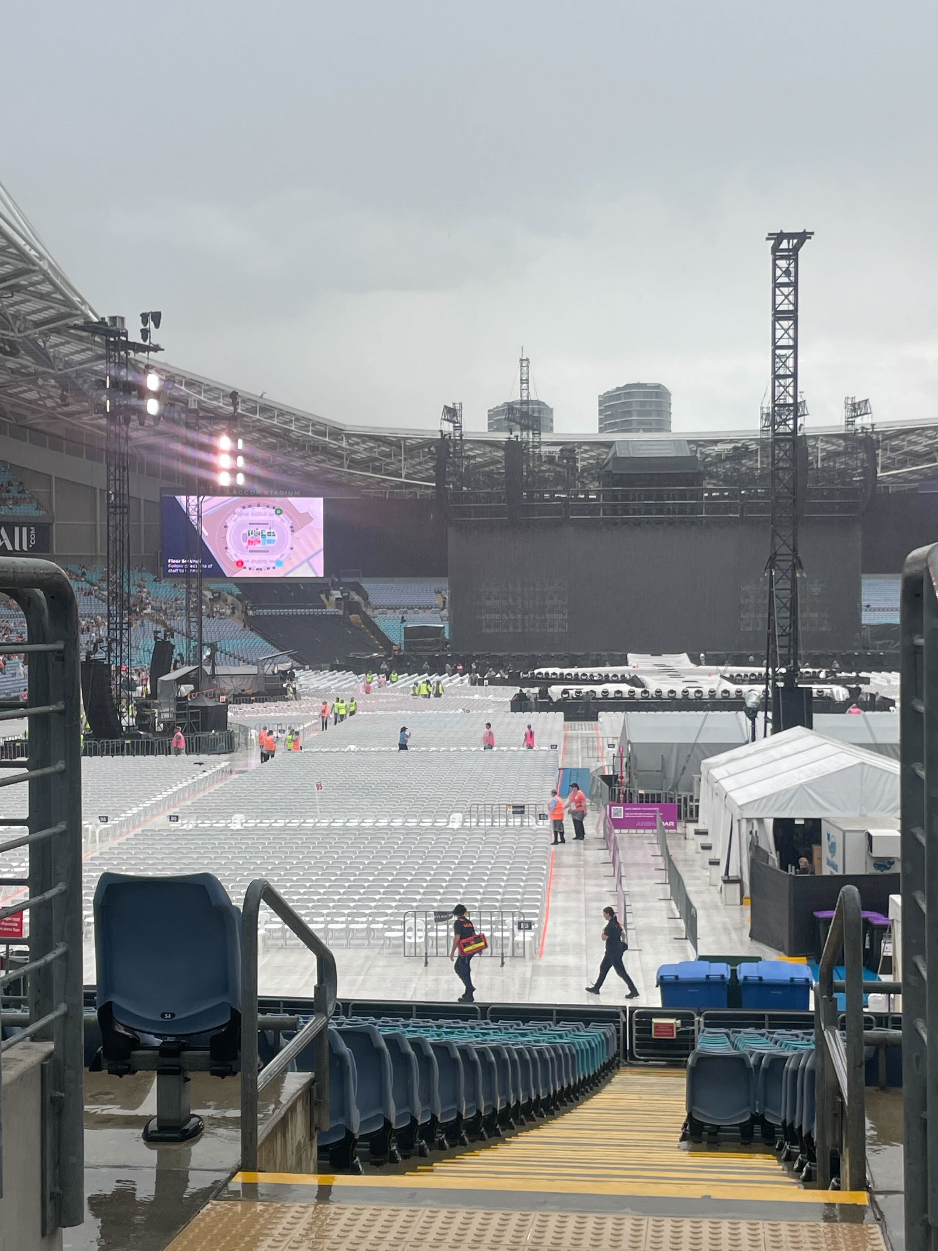 Taylor Swift's first Sydney show has been delayed as storms loom over Accor Stadium.