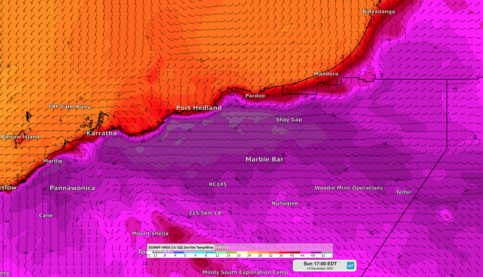 Port Hedland is forecast to reach 47ºC on Sunday.