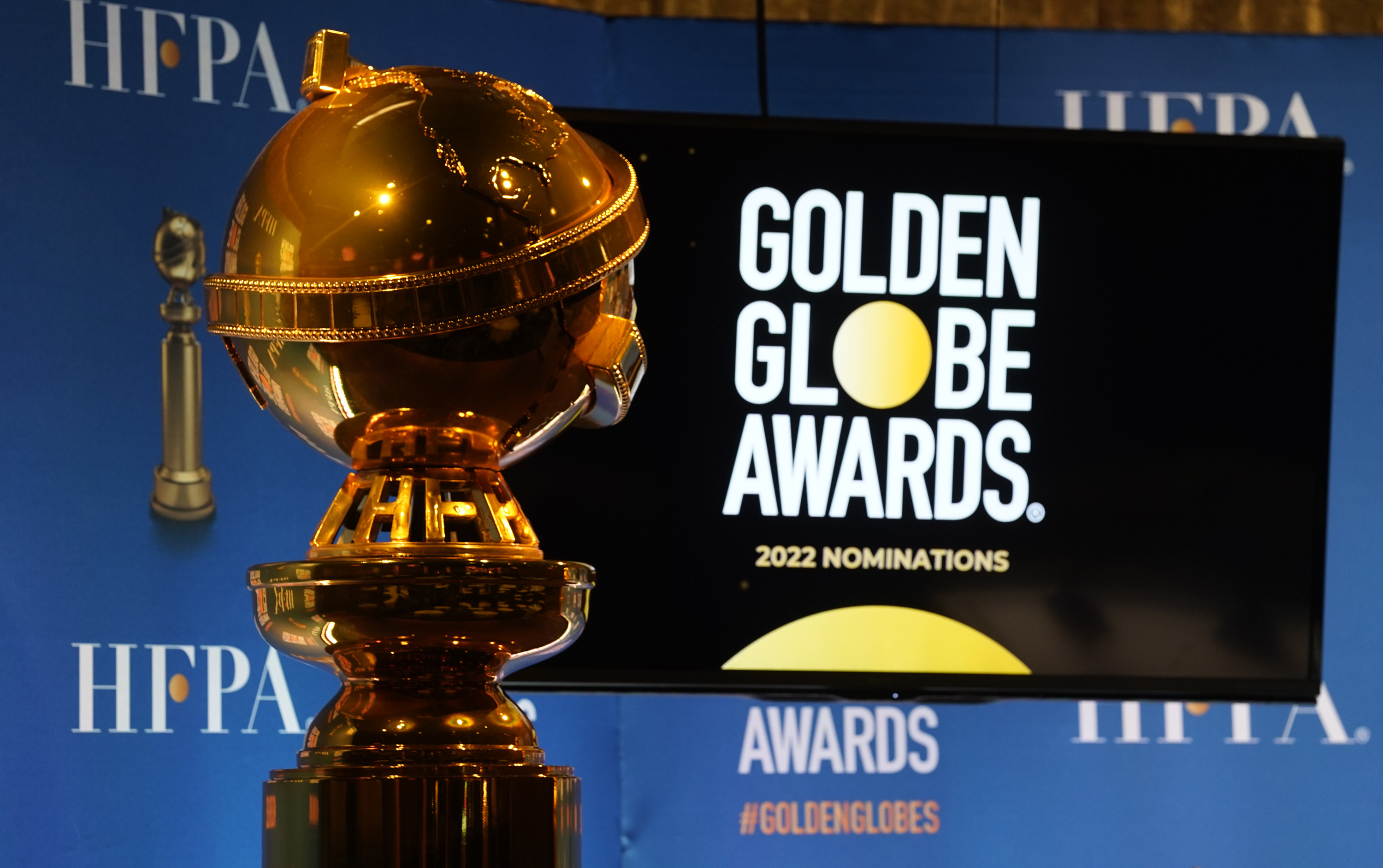 A Golden Globe statue appears at the nominations event for 79th annual Golden Globe Awards at the Beverly Hilton Hotel on Monday, Dec. 13, 2021, in Beverly Hills, Calif.
