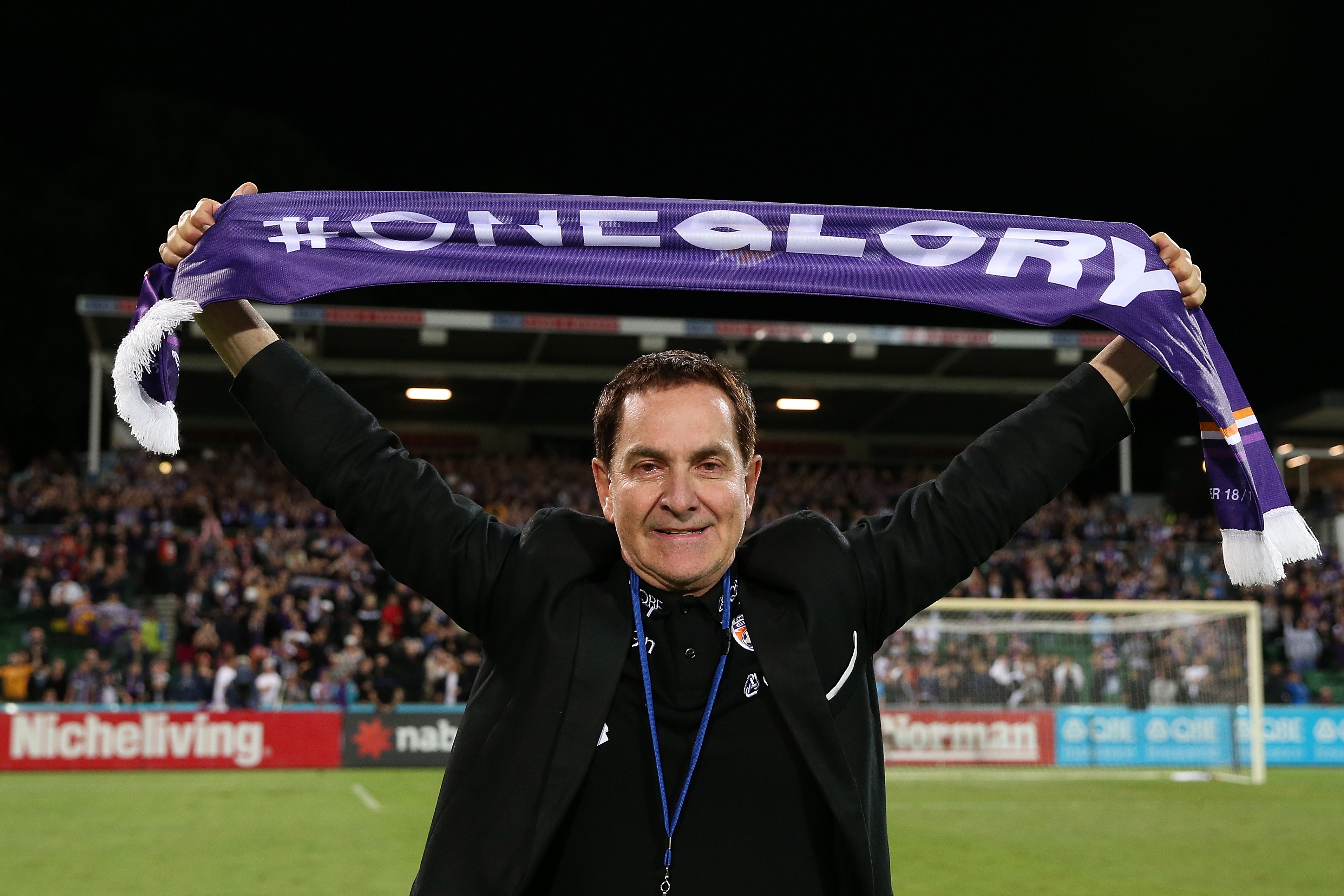 Team owner Tony Sage celebrates after winning the Premiers plate during the round 25 A-League match between the Perth Glory and the Newcastle Jets at HBF Park on April 14, 2019 in Perth, Australia. (Photo by Paul Kane/Getty Images)
