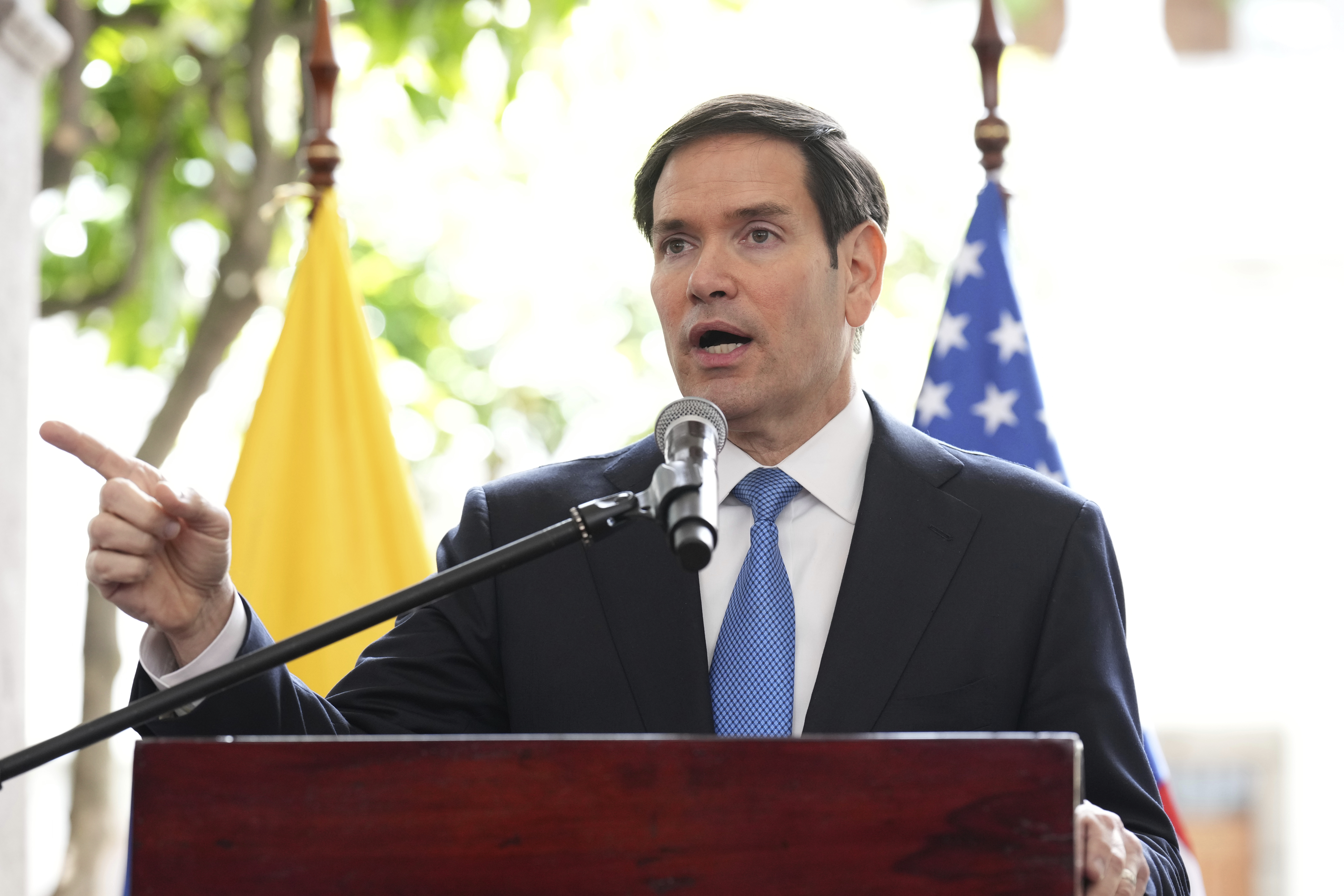 Secretary of State Marco Rubio speaks during a joint news conference with Ecuadors Foreign Minister Gabriela Sommerfeld at the Palacio de Carondelet, in Quito, Ecuador, Thursday, Sept. 4, 2025. (AP Photo/Jacquelyn Martin, Pool)