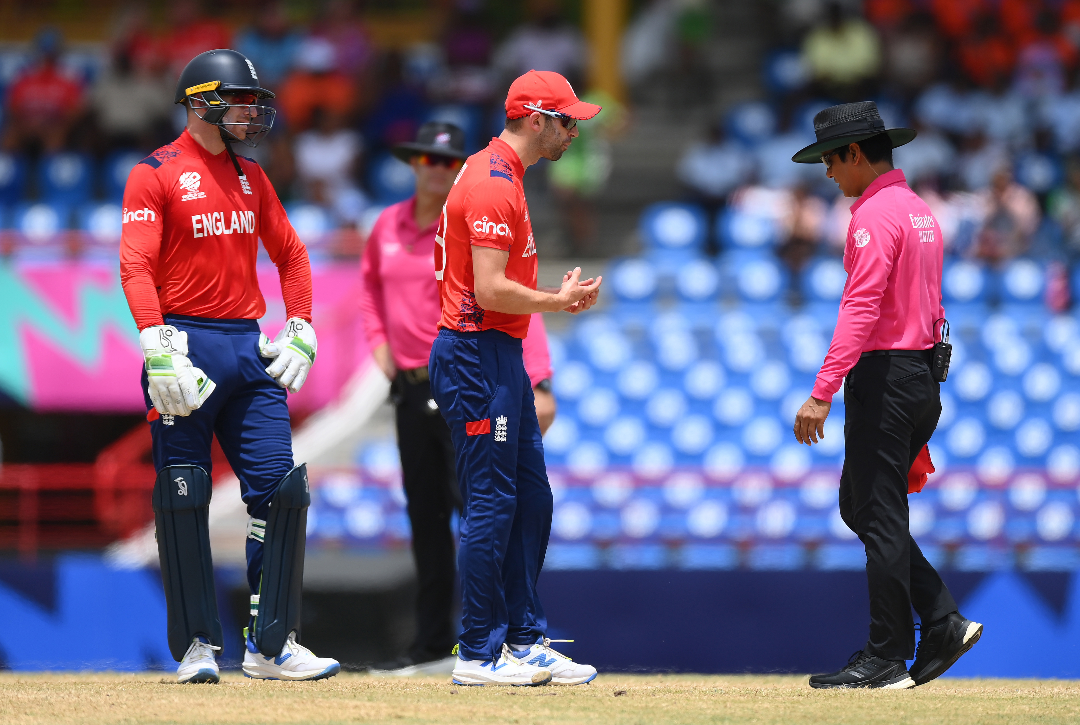 Mark Wood of England reacts after taking a catch to dismiss Quinton de Kock of South Africa which is later given not out.