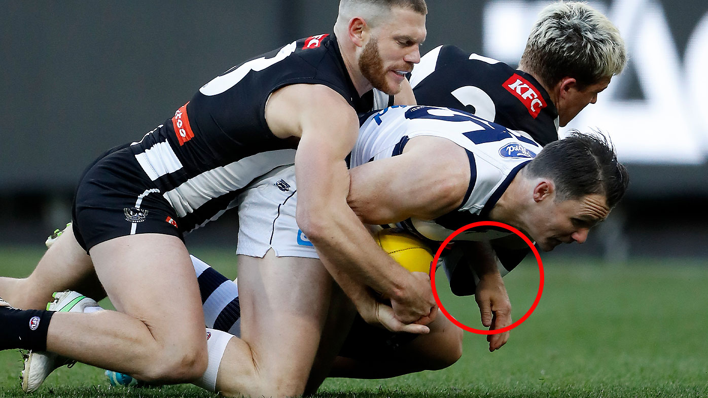 Patrick Dangerfield was not too impressed with this tackle from Jack Ginnivan in the qualifying final
