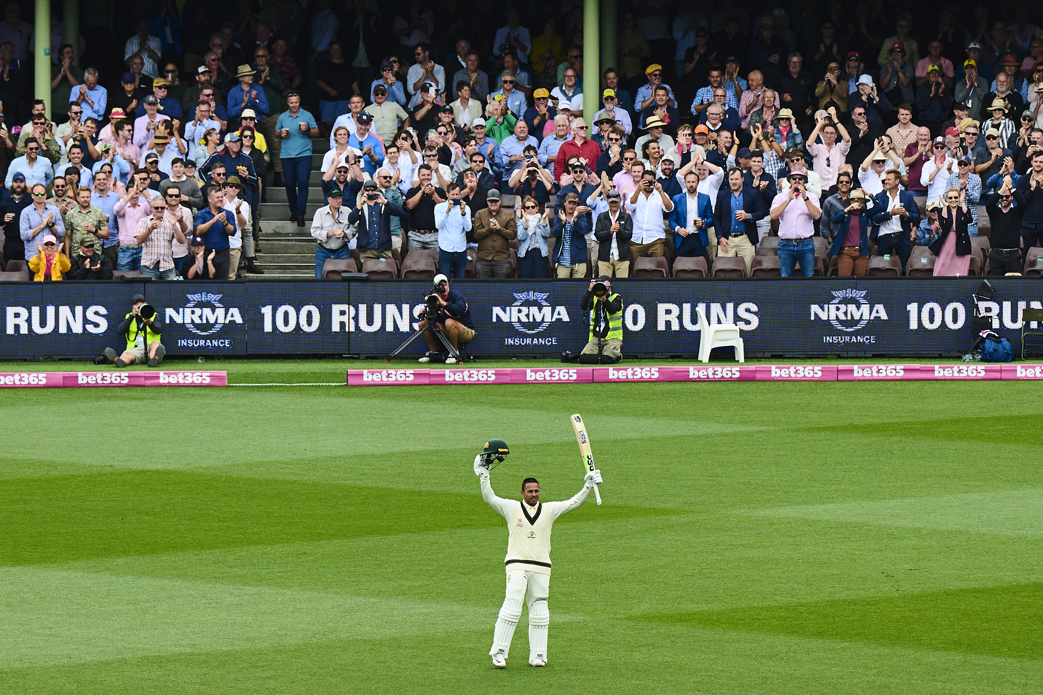 Usman Khawaja of Australia celebrates after scoring a century during day two of the Second Test match in the series between Australia and South Africa at Sydney Cricket Ground on January 05, 2023 in Sydney, Australia. (Photo by Brett Hemmings - CA/Cricket Australia via Getty Images)