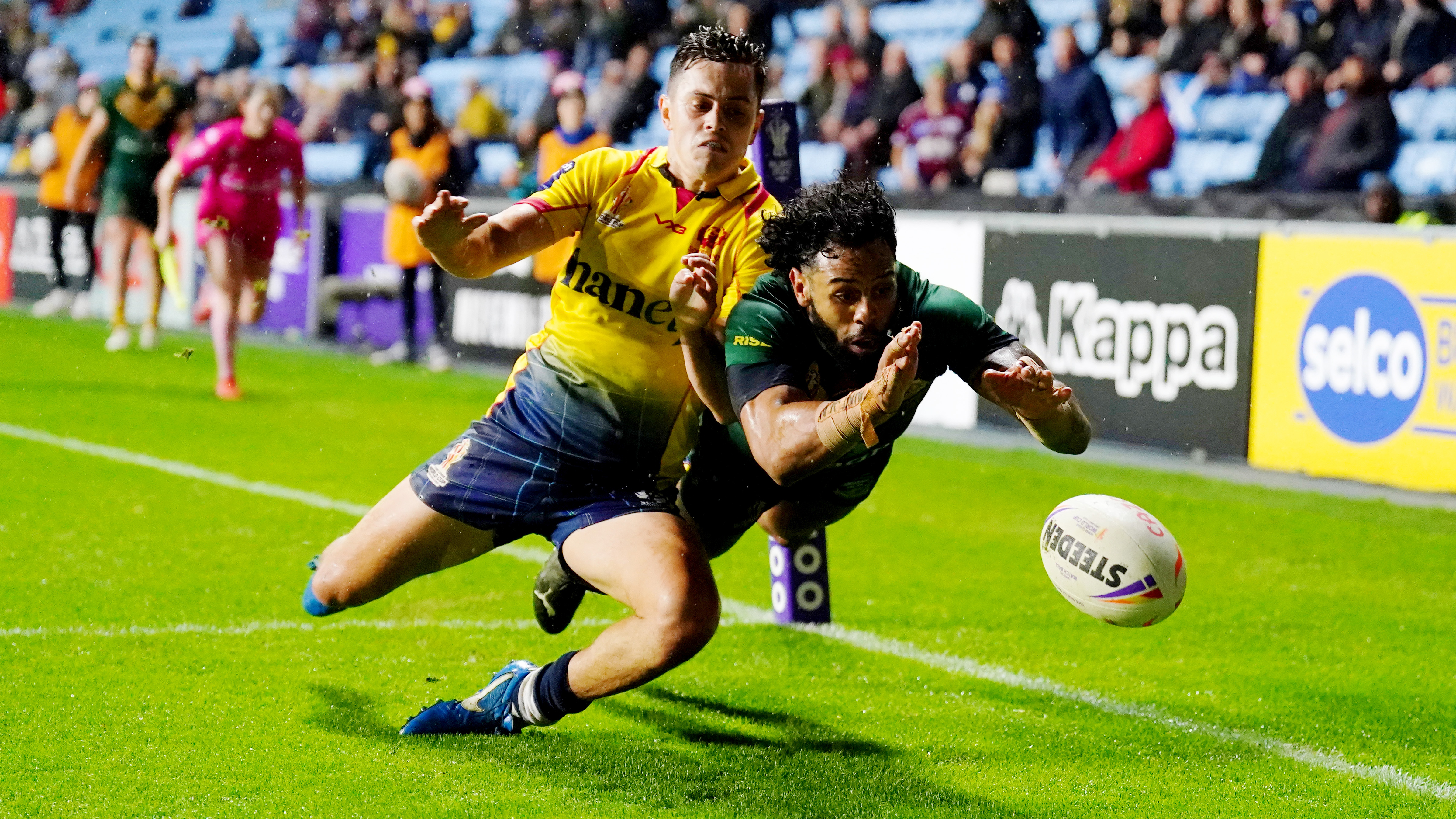 Australia's Josh Addo-Carr scores his side's fifteenth try of the game during the Rugby League World Cup group B match at the Coventry Building Society Arena, Coventry. Picture date: Friday October 21, 2022. (Photo by Mike Egerton/PA Images via Getty Images)