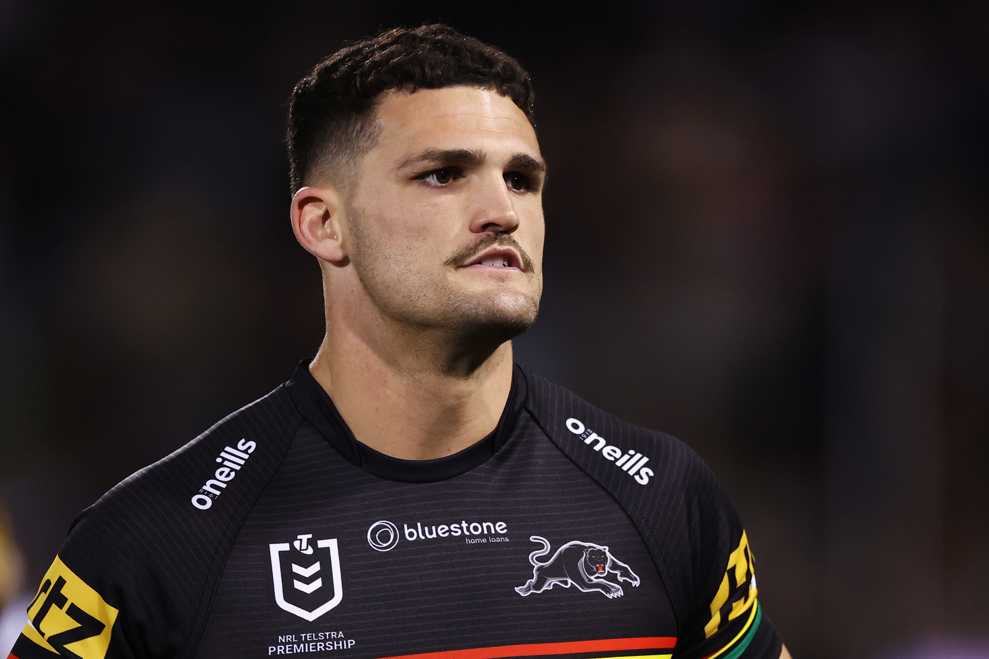 PENRITH, AUSTRALIA - AUGUST 24:  Nathan Cleary of the Panthers warms up during the round 26 NRL match between Penrith Panthers and Parramatta Eels at BlueBet Stadium on August 24, 2023 in Penrith, Australia. (Photo by Mark Metcalfe/Getty Images)