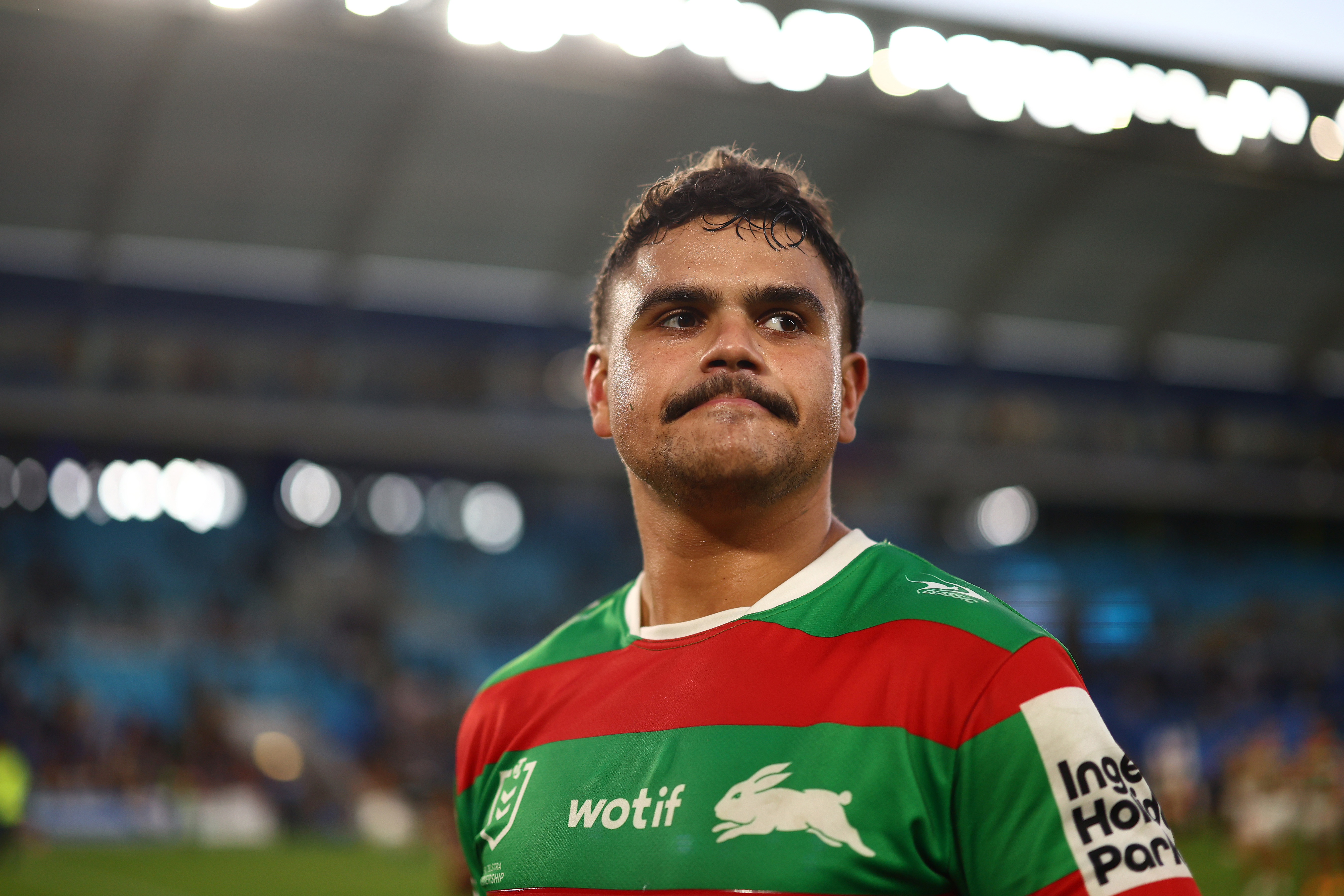 Latrell Mitchell of the Rabbitohs looks on after winning the round 14 NRL match between Gold Coast Titans and South Sydney Rabbitohs at Cbus Super Stadium, on June 08, 2024, in Gold Coast, Australia. (Photo by Chris Hyde/Getty Images)