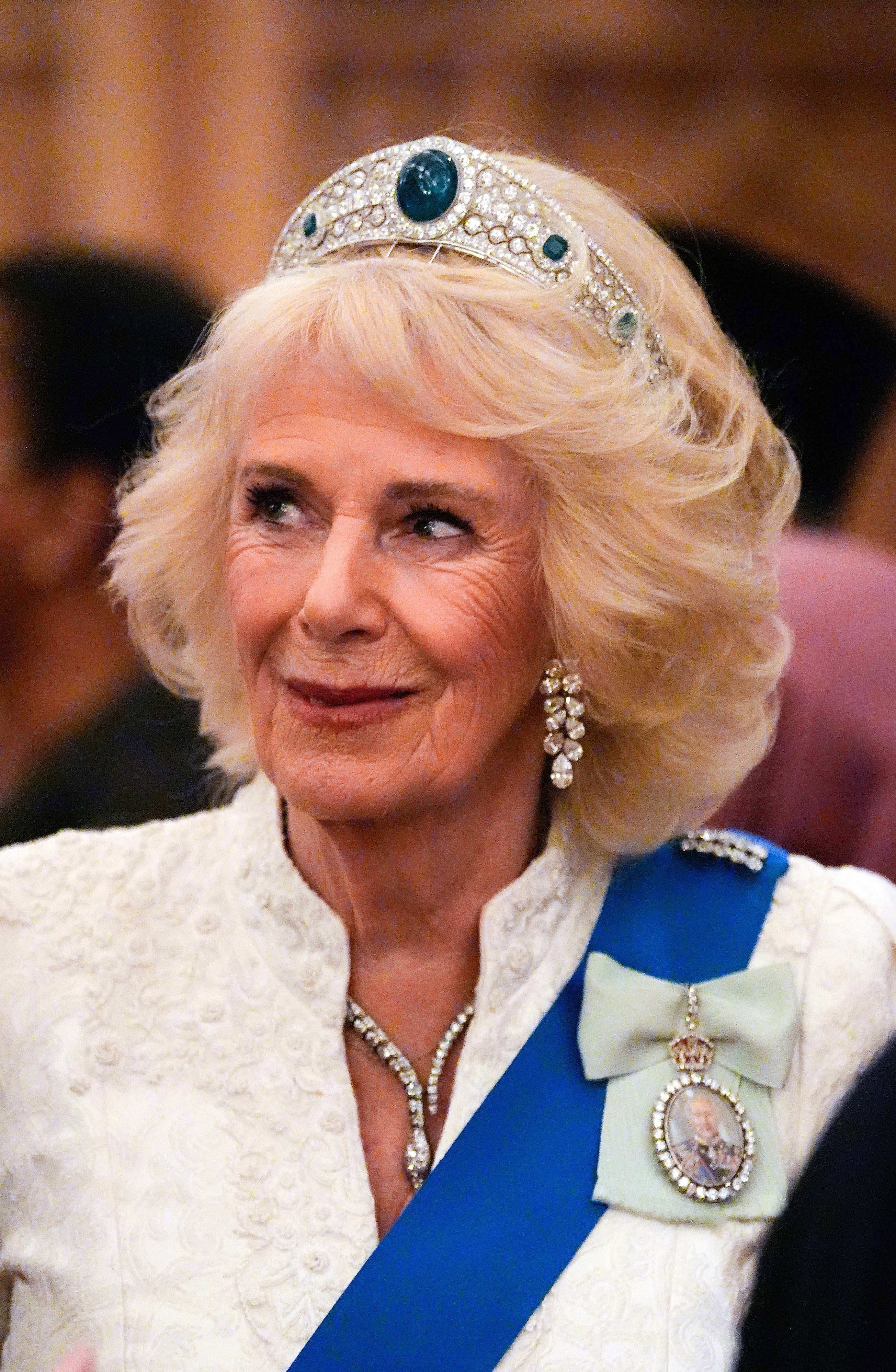 Queen Camilla wearing the Greville Emerald Kokoshnik Tiara