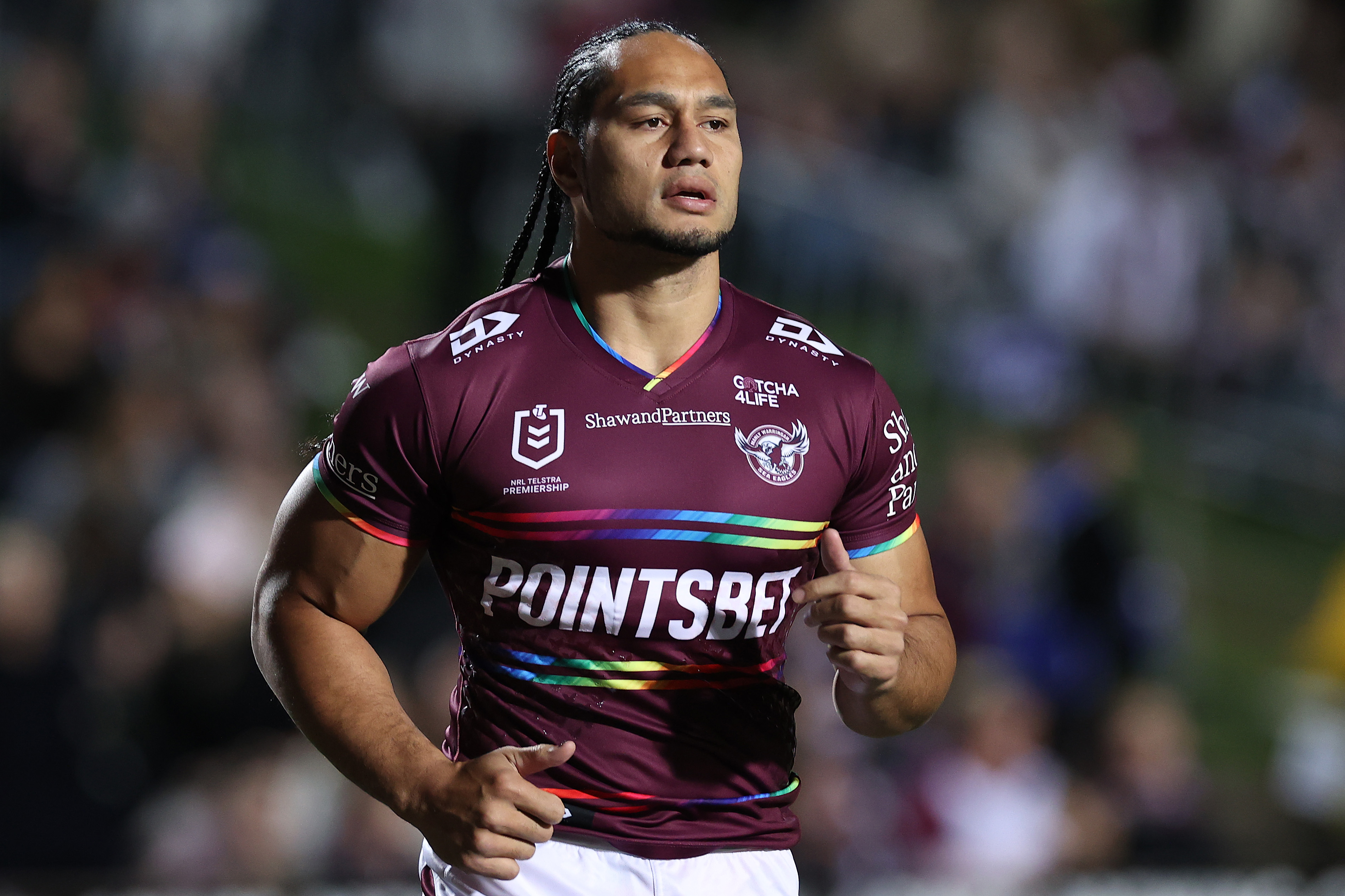 Marty Taupau rocking Manly's pride jersey.