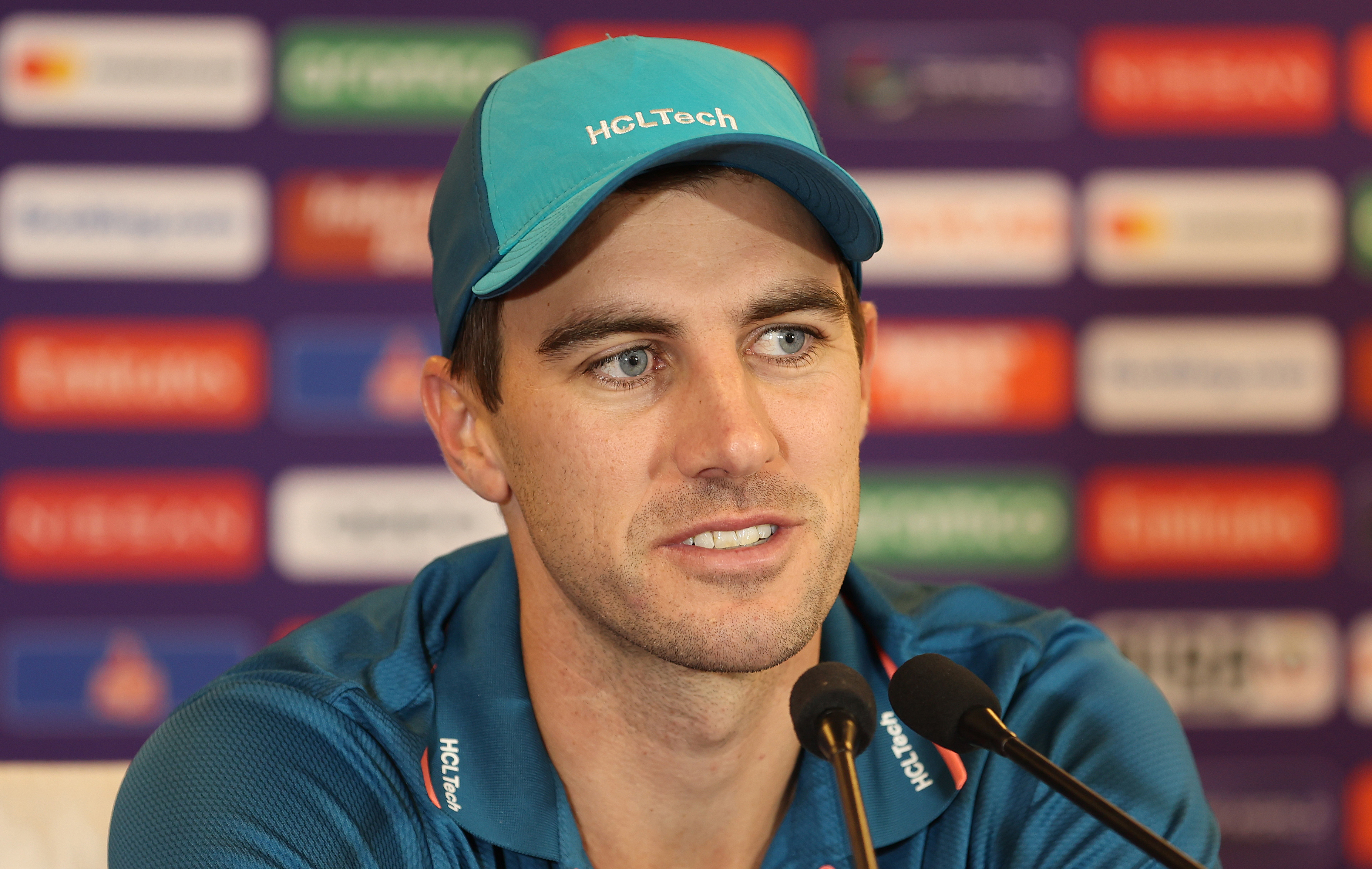 DHARAMSALA, INDIA - OCTOBER 27: Pat Cummins of Australia speaks to the media during an Australian press conference at the ICC Men's Cricket World Cup India 2023 at the HPCA Stadium on October 27, 2023 in Dharamsala, India. (Photo by Robert Cianflone/Getty Images)