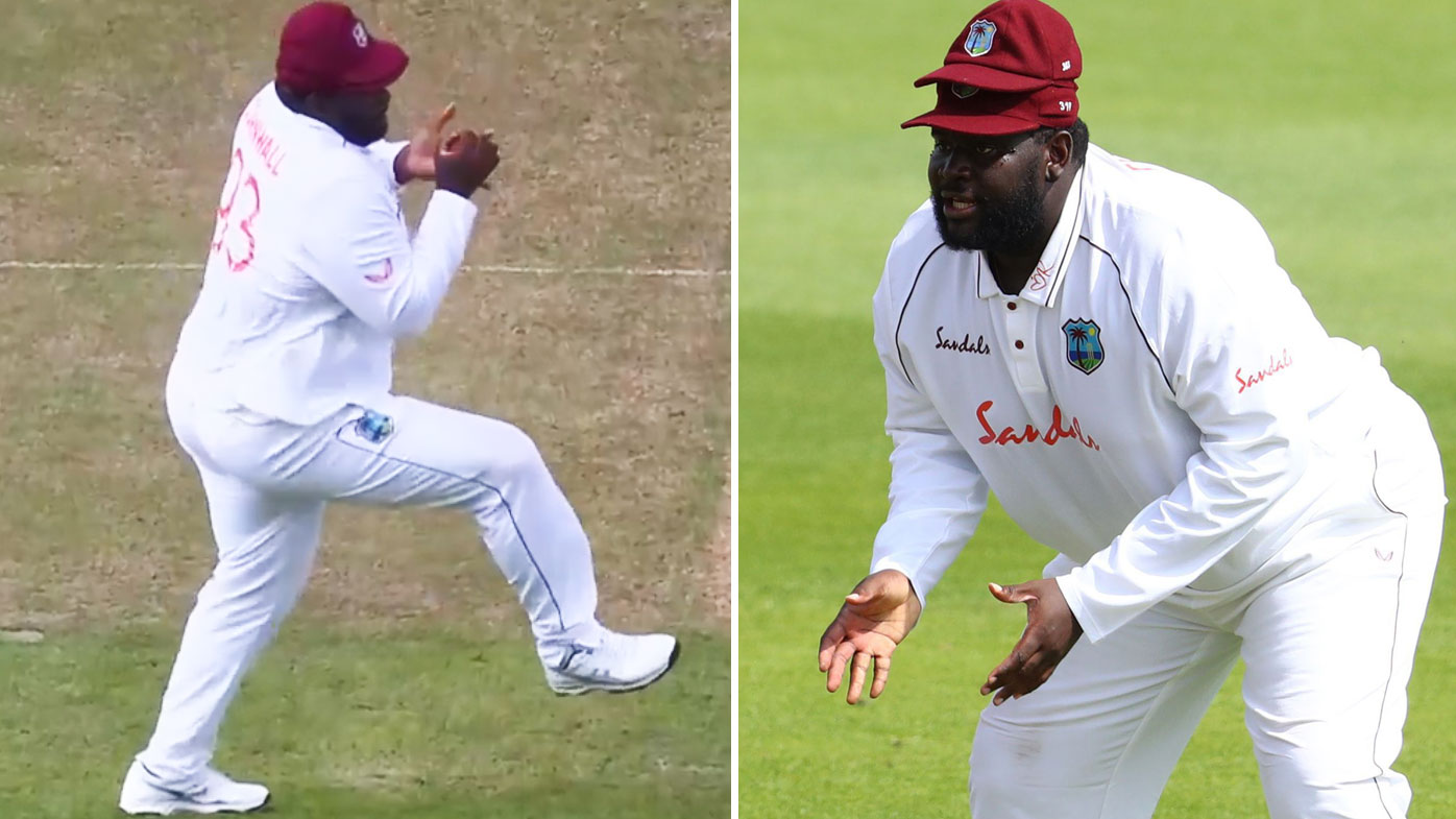 Rahkeem Cornwall takes a pearler of a catch against England. 