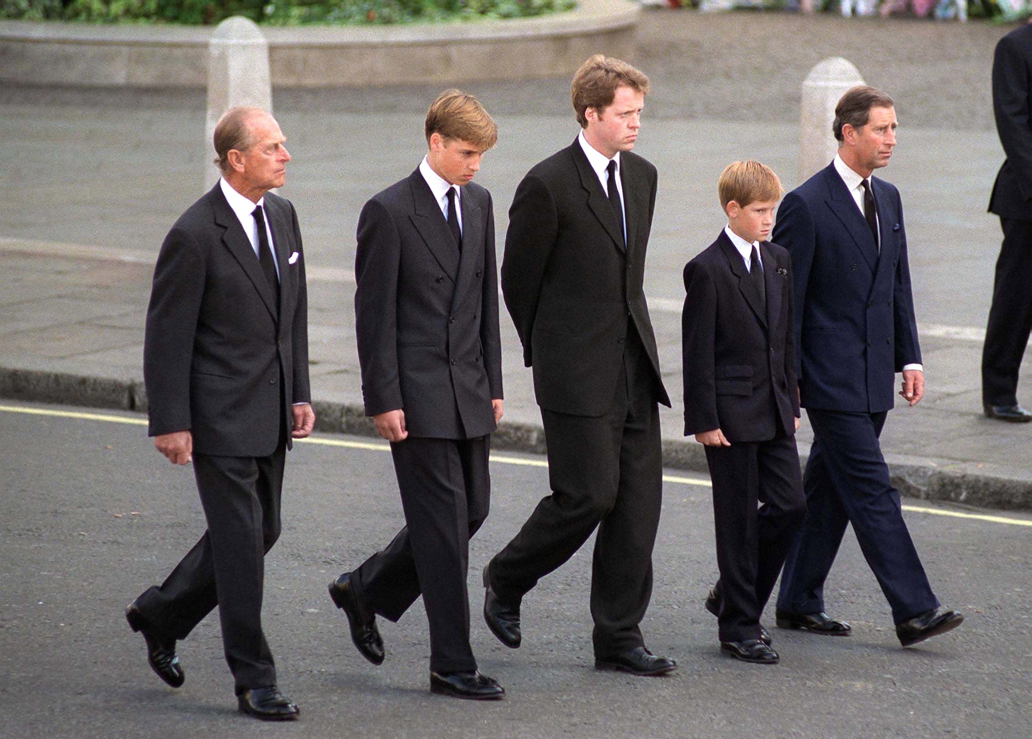 The Duke Of Edinburgh, Prince William, Earl Spencer, Prince Harry And The Prince Of Wales Following The Coffin Of Diana, Princess Of Wales (Photo by Tim Graham Photo Library via Getty Images)