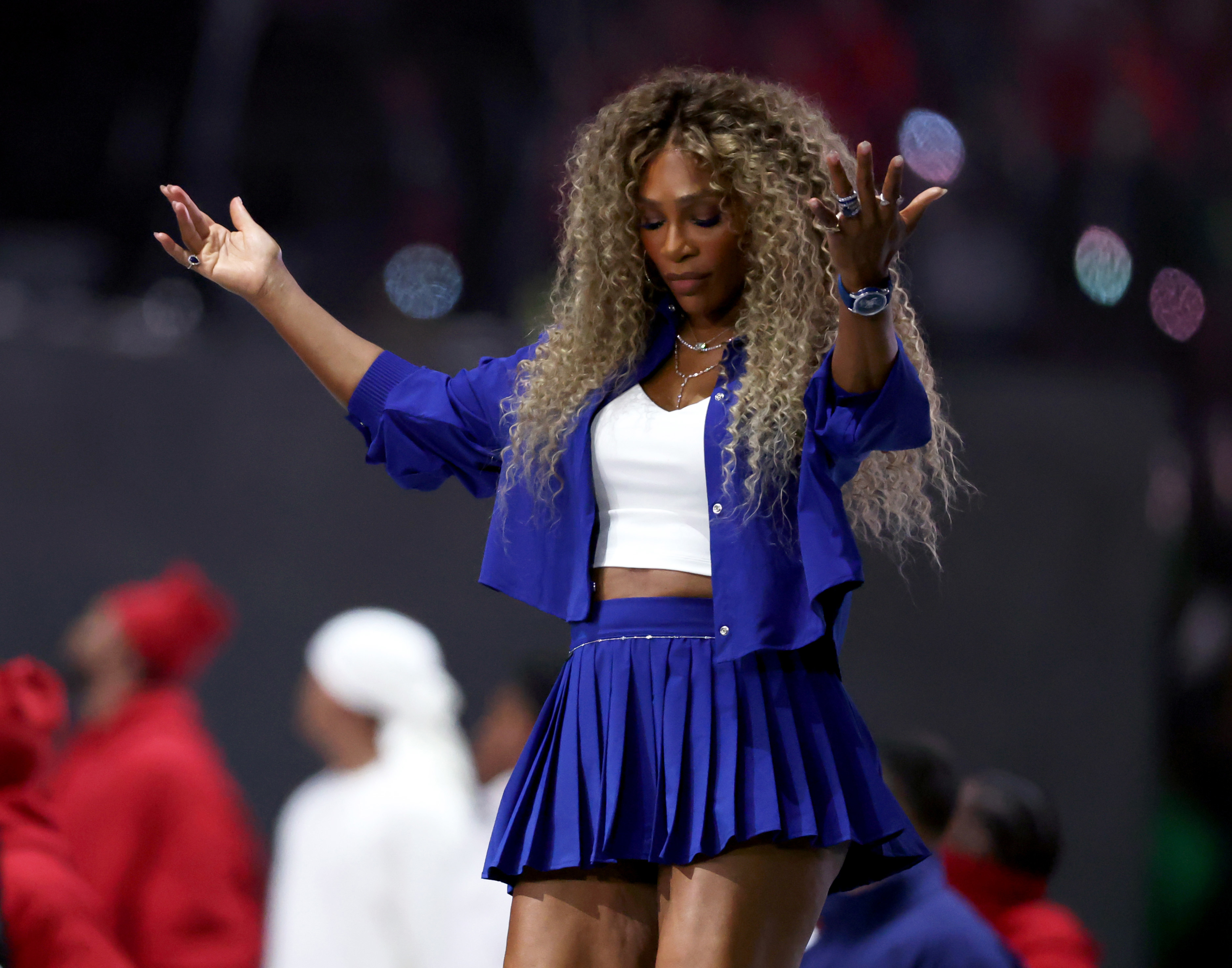 NEW ORLEANS, LOUISIANA - FEBRUARY 09: Serena Williams performs onstage during Apple Music Super Bowl LIX Halftime Show at Caesars Superdome on February 09, 2025 in New Orleans, Louisiana. (Photo by Emilee Chinn/Getty Images)