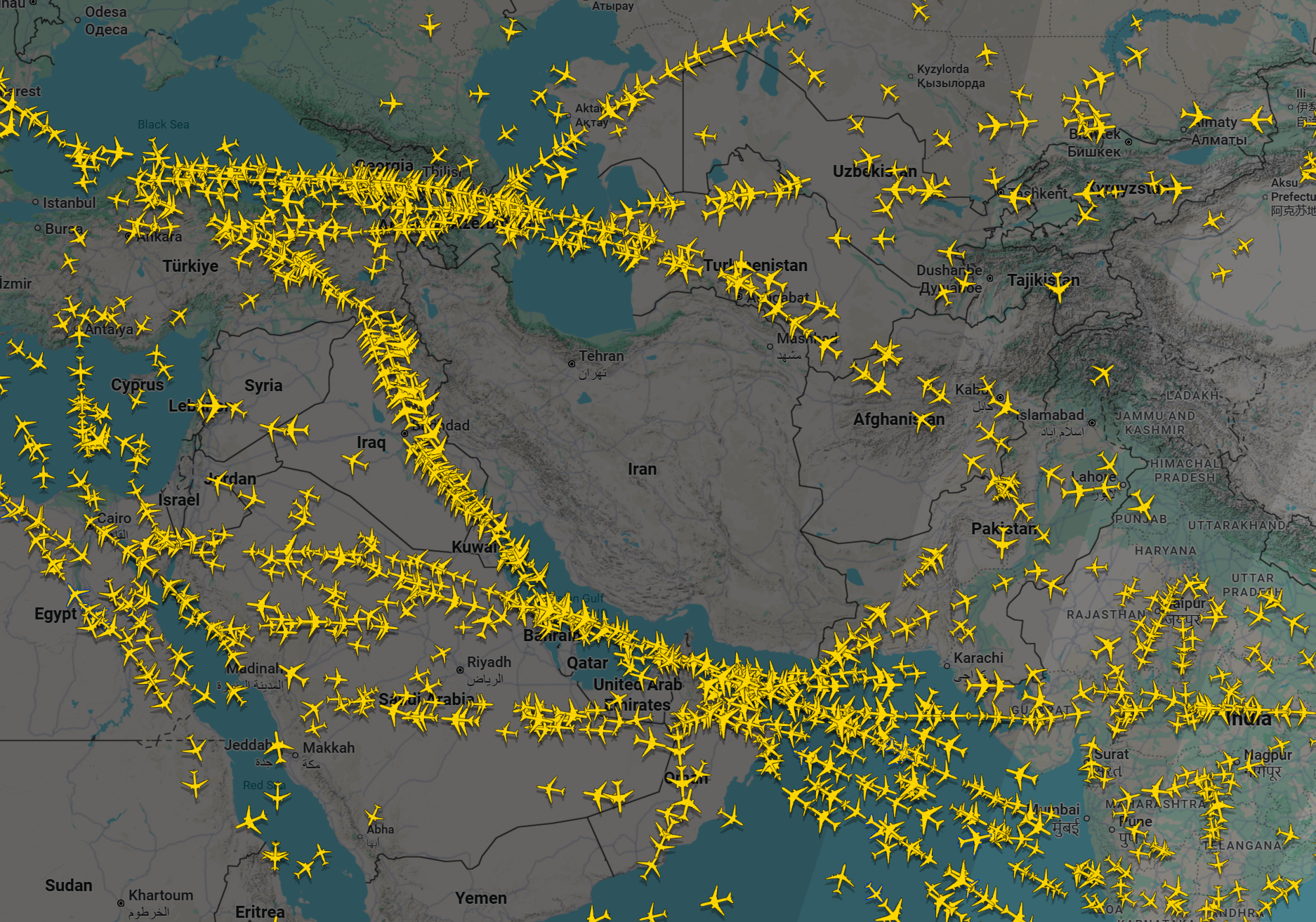 Flights appear to be skirting Iran's borders after it closed its airspace today.
