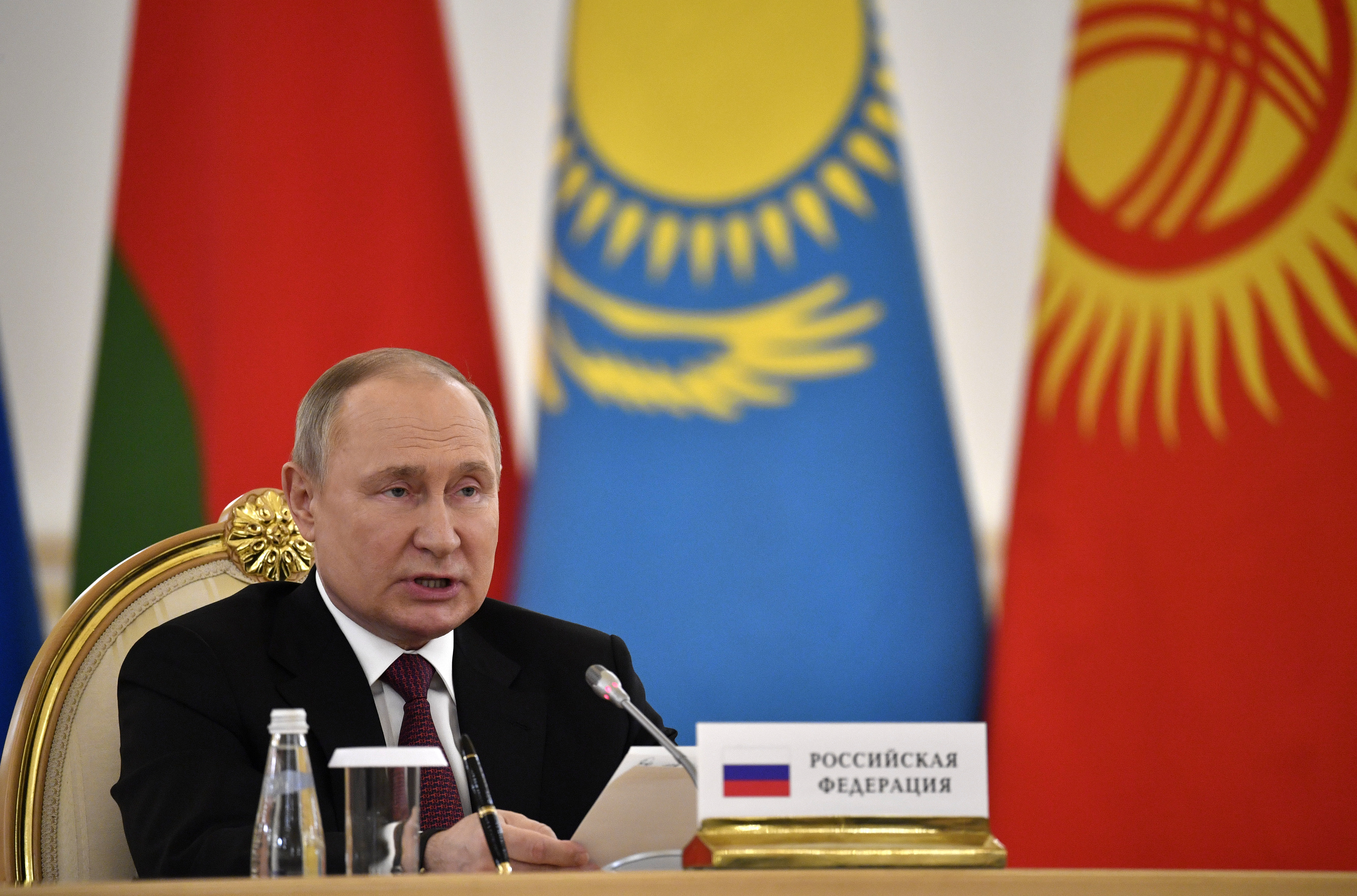 Russian President Vladimir Putin addresses a meeting of the leaders of the Collective Security Treaty Organization (CSTO) at the Kremlin in Moscow, Russia, May 16, 2022.