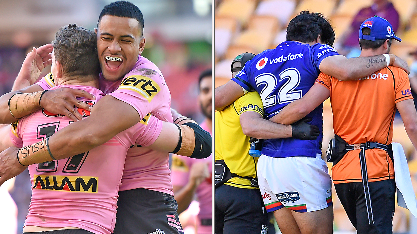 Panthers celebrate a try as the Warriors count their injury toll