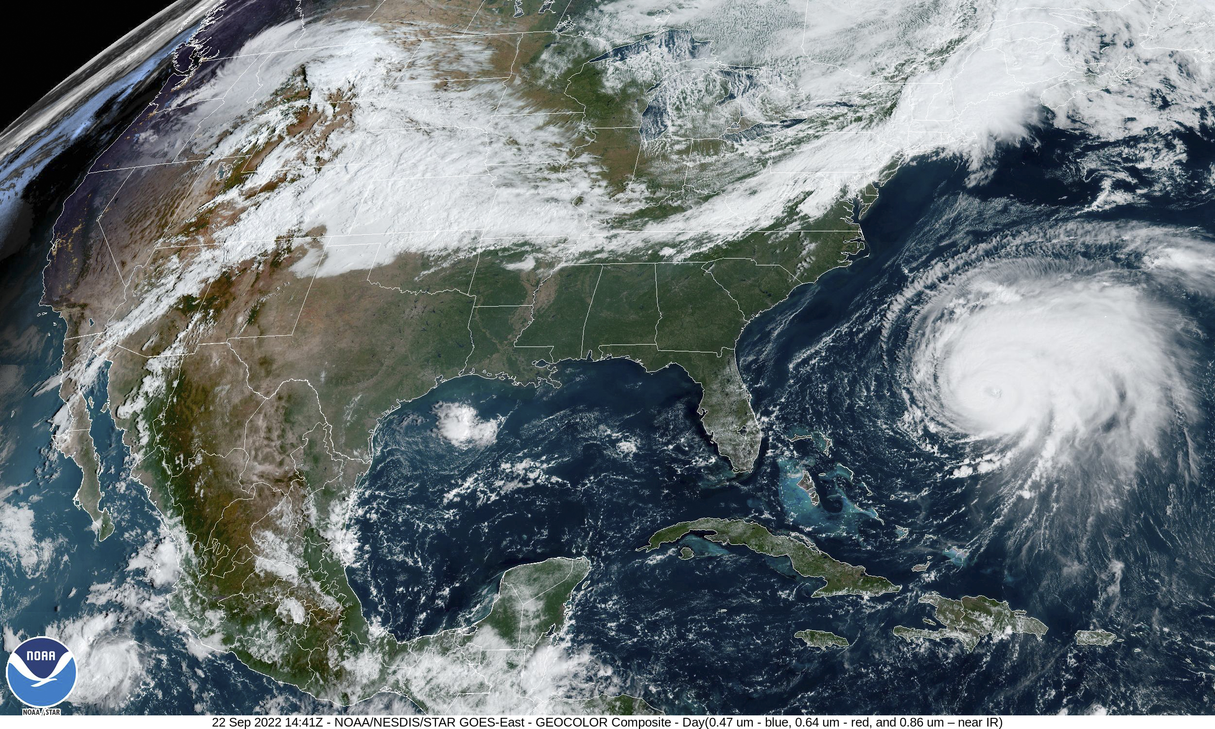 This satellite image provided by NOAA shows Hurricane Fiona in the Atlantic Ocean near Bermuda, moving north on Thursday, Sept. 22, 2022. (NOAA via AP)