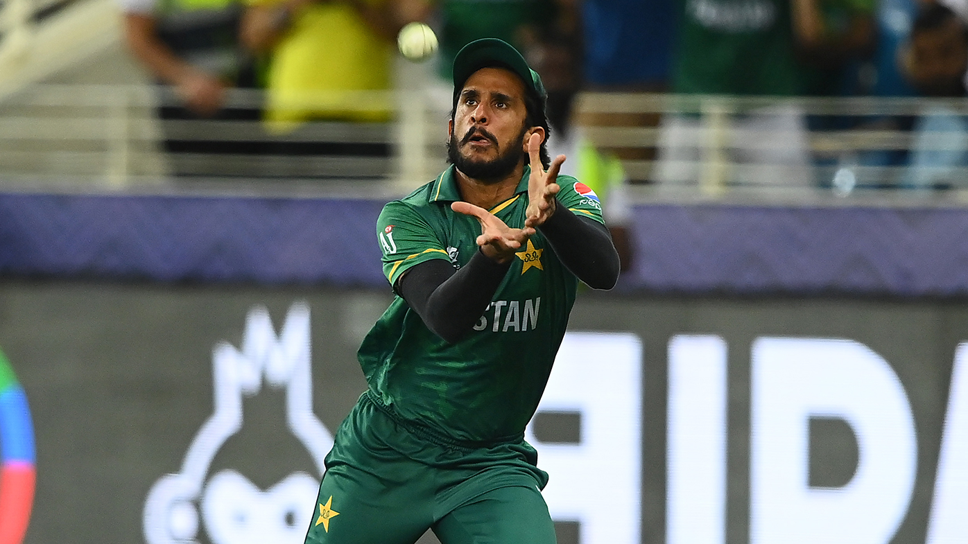 Hasan Ali of Pakistan drops Matthew Wade of Australia during the ICC Men's T20 World Cup semi-final match between Pakistan and Australia.