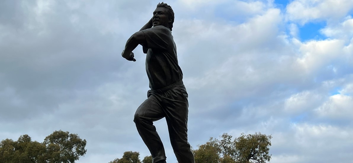 A statue of the late Shane Warne, an Australian cricket legend, outside of the MCG in Melbourne.