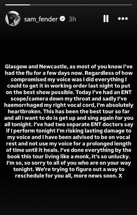 Sam Fender cancels concerts over health concerns