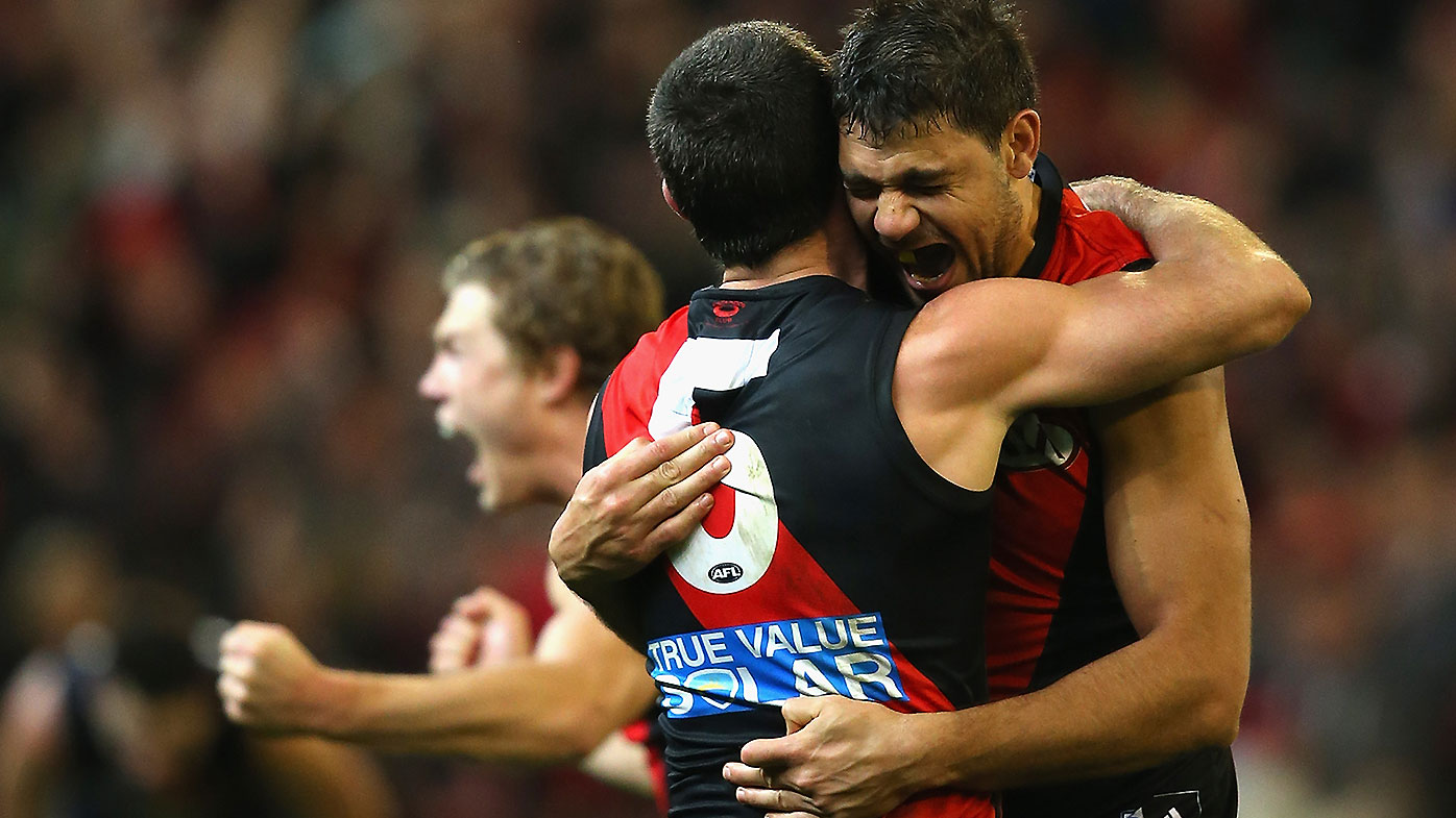 Paddy Ryder celebrates a goal with Brent Stanton while playing for Essendon