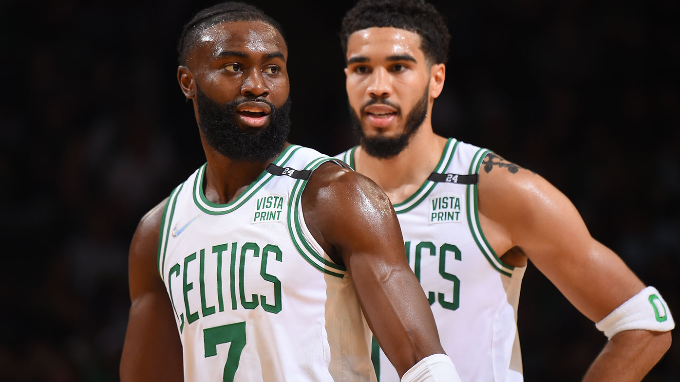 Boston's Jaylen Brown #7 and Jayson Tatum 